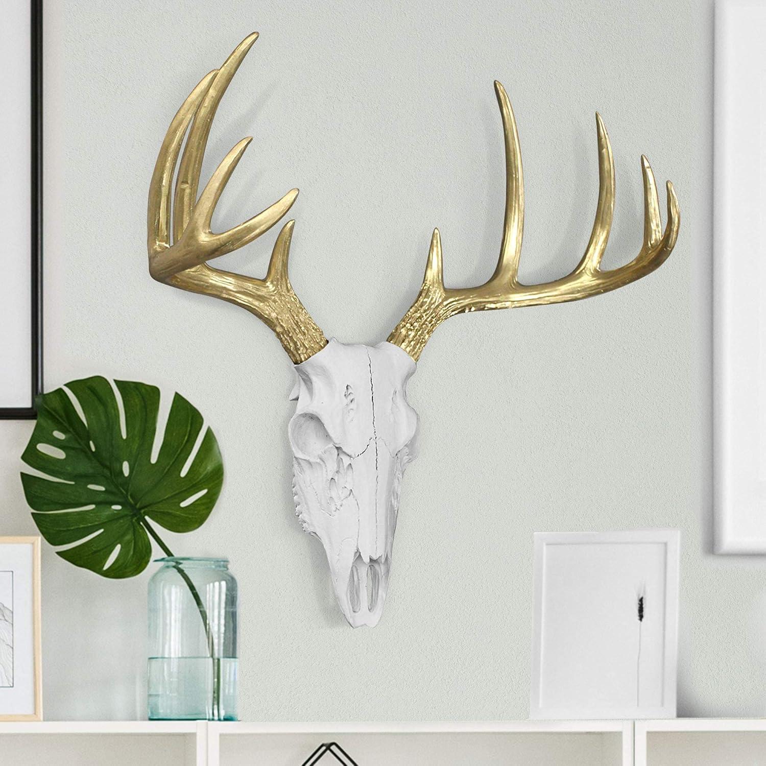 WALL CHARMERS Mini White + Gold Antler Faux Deer Skull - 16" Faux Taxidermy Animal Head Wall Decor - Handmade Farmhouse Decor