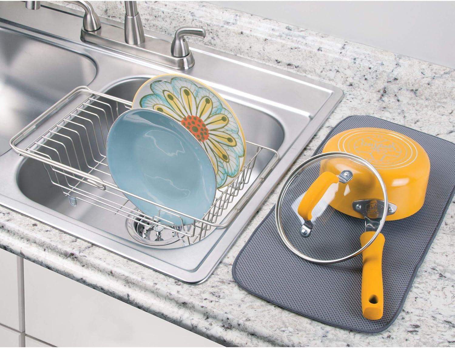 iDESIGN Classico Steel Wire Adjustable Over The Sink/Countertop Dish Drainer Satin: Freestanding Metal Kitchen Rack