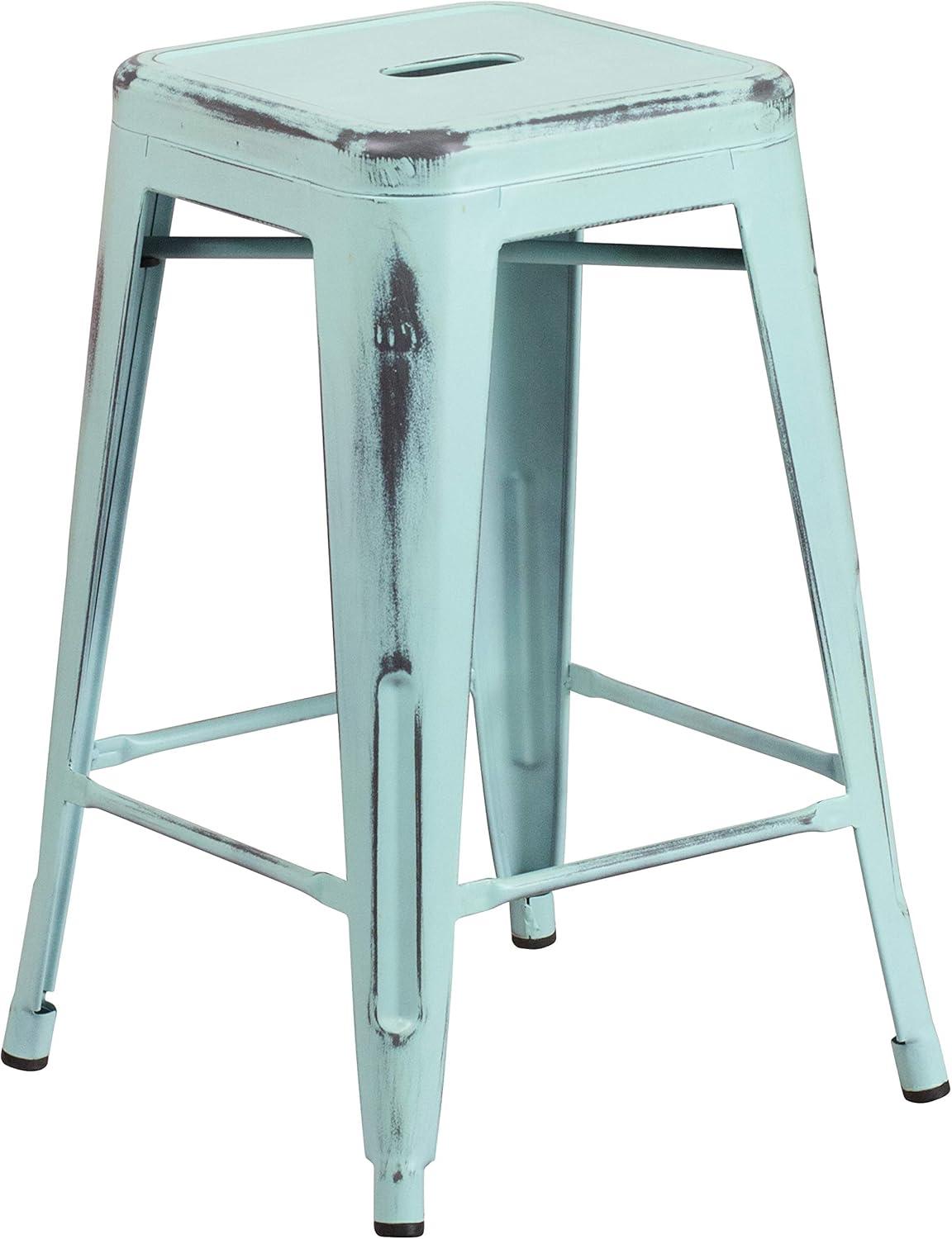 Flash Furniture Commercial Grade 24" High Backless Distressed Metal Indoor-Outdoor Counter Height Stool