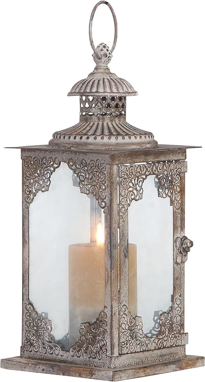 Elegant Tarnished Gray Iron and Glass Tabletop Lantern