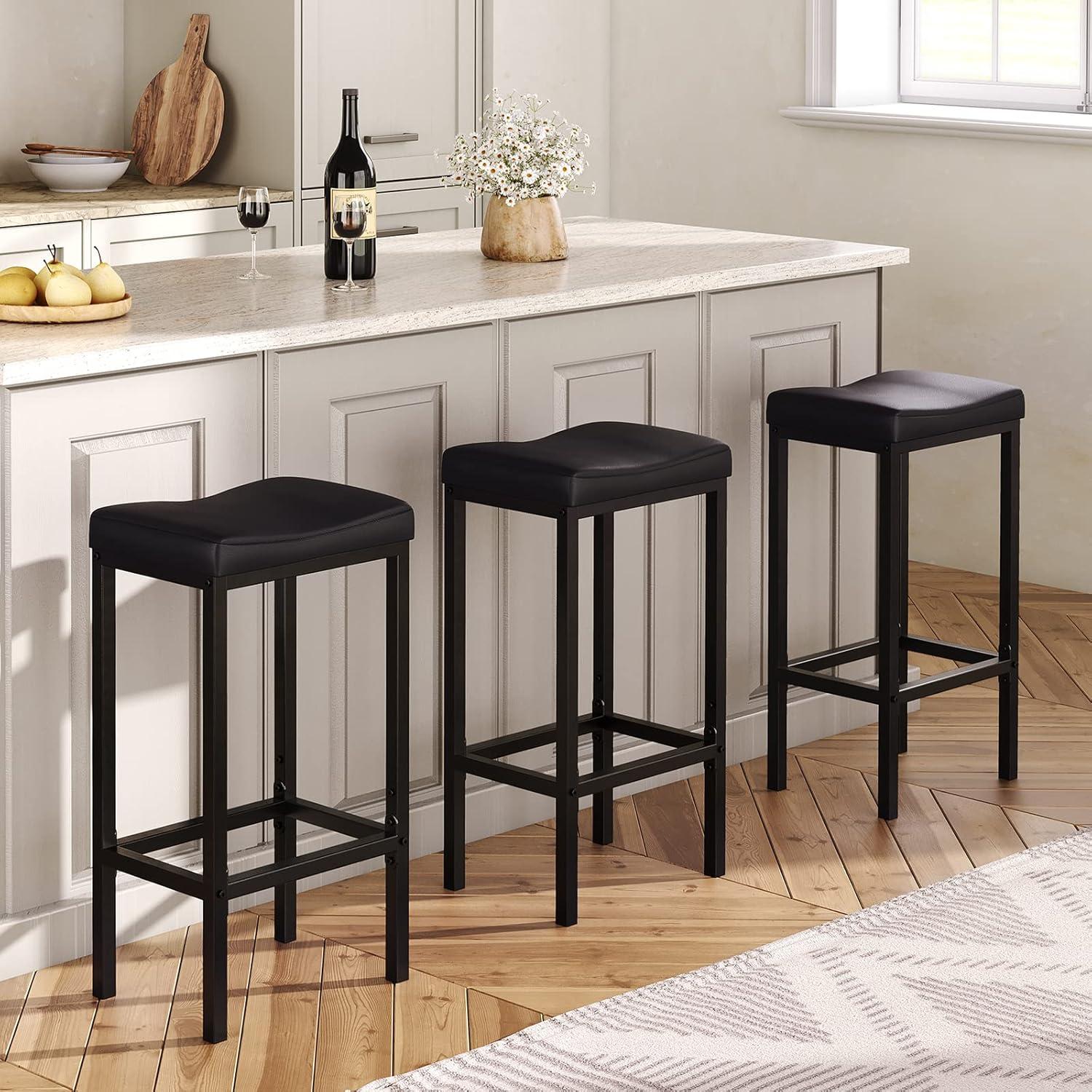 edx Bar Stools Set of 4, Modern Counter Height, 24 Inch Kitchen Barstools with Metal Base, PU Leather Saddle Seats for Kitchen Island, Black