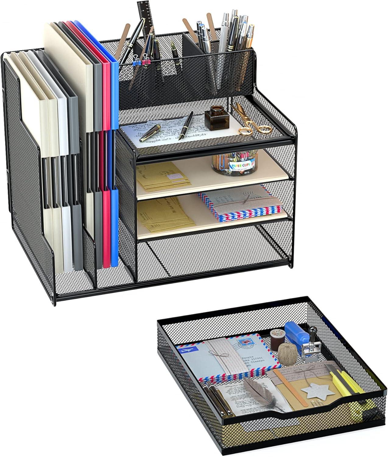 VIVSOL Desk Organizer with Mesh File Holder, 4-Tier Office Supplies Desk Organizers and Accessories with Sliding Drawers & Pen Holder, Desk File Organizer and Storage for Office, School, Home, Black