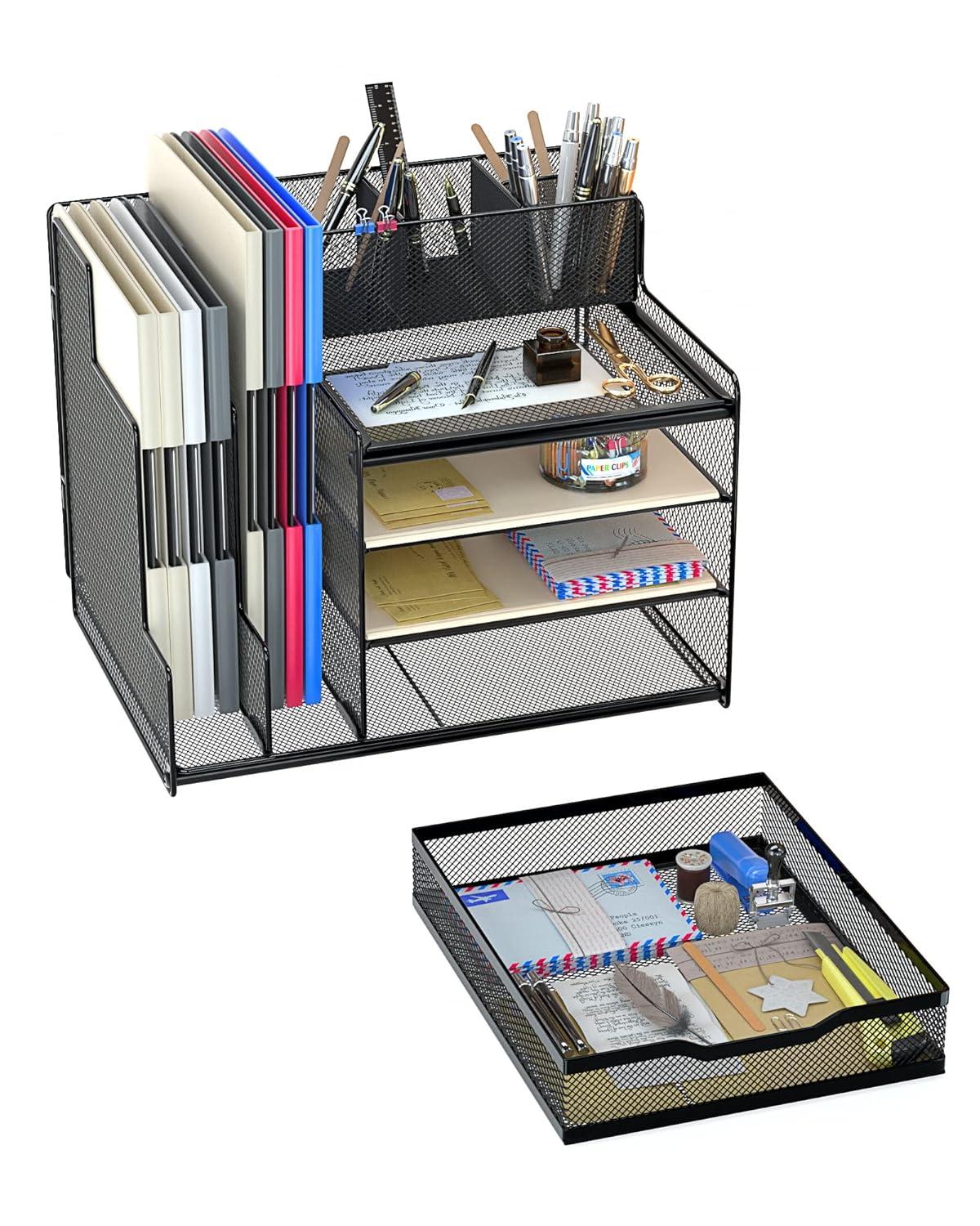 VIVSOL Desk Organizer with Mesh File Holder, 4-Tier Office Supplies Desk Organizers and Accessories with Sliding Drawers & Pen Holder, Desk File Organizer and Storage for Office, School, Home, Black