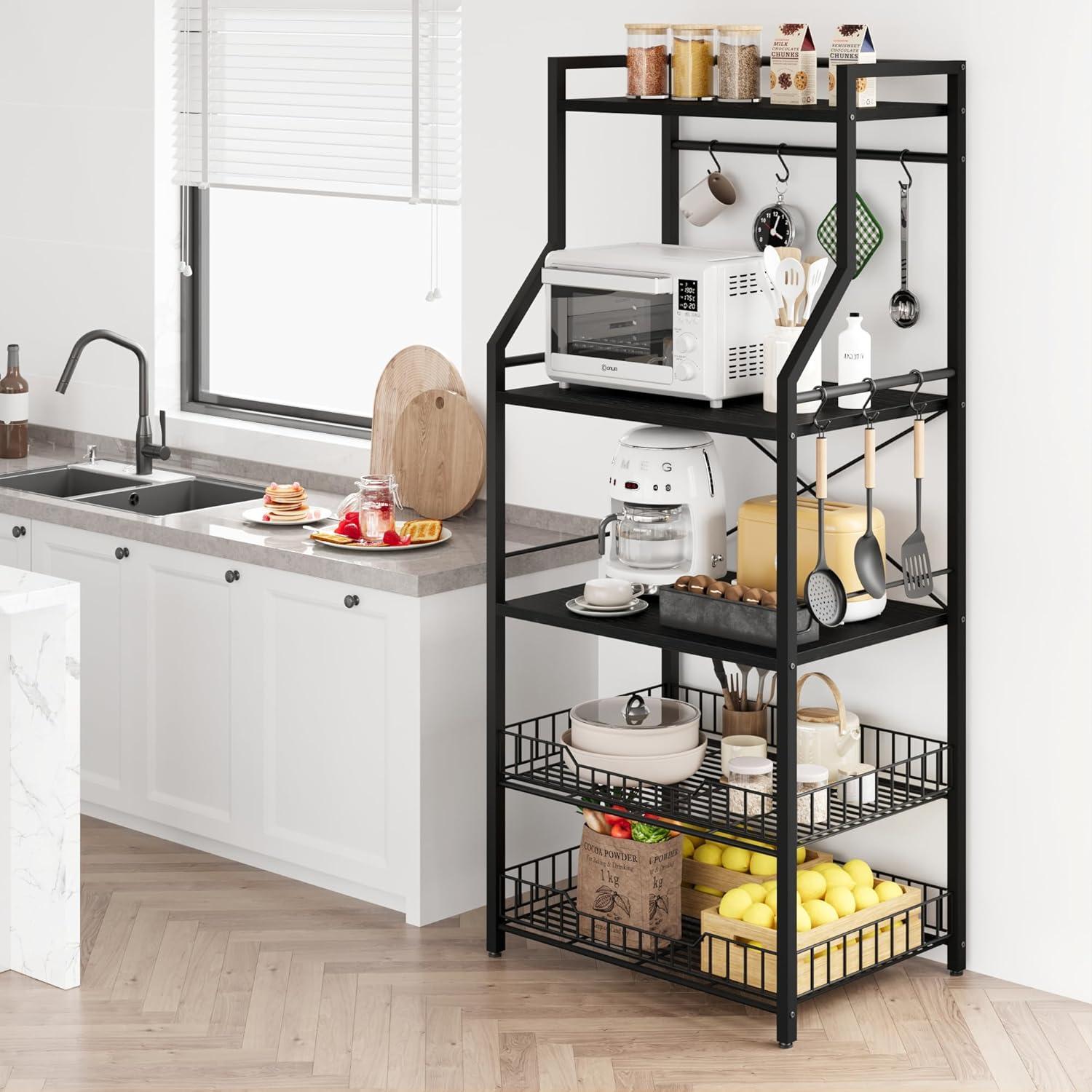 CREATIVE HOBBIES Kitchen Bakers Rack Microwave Oven Stand with 2 Large Wire Basket, Industrial Coffee Bar Station, 5-Tier Kitchen Utility Storage Shelf with 8 Hooks for Spice, Pots Organizer