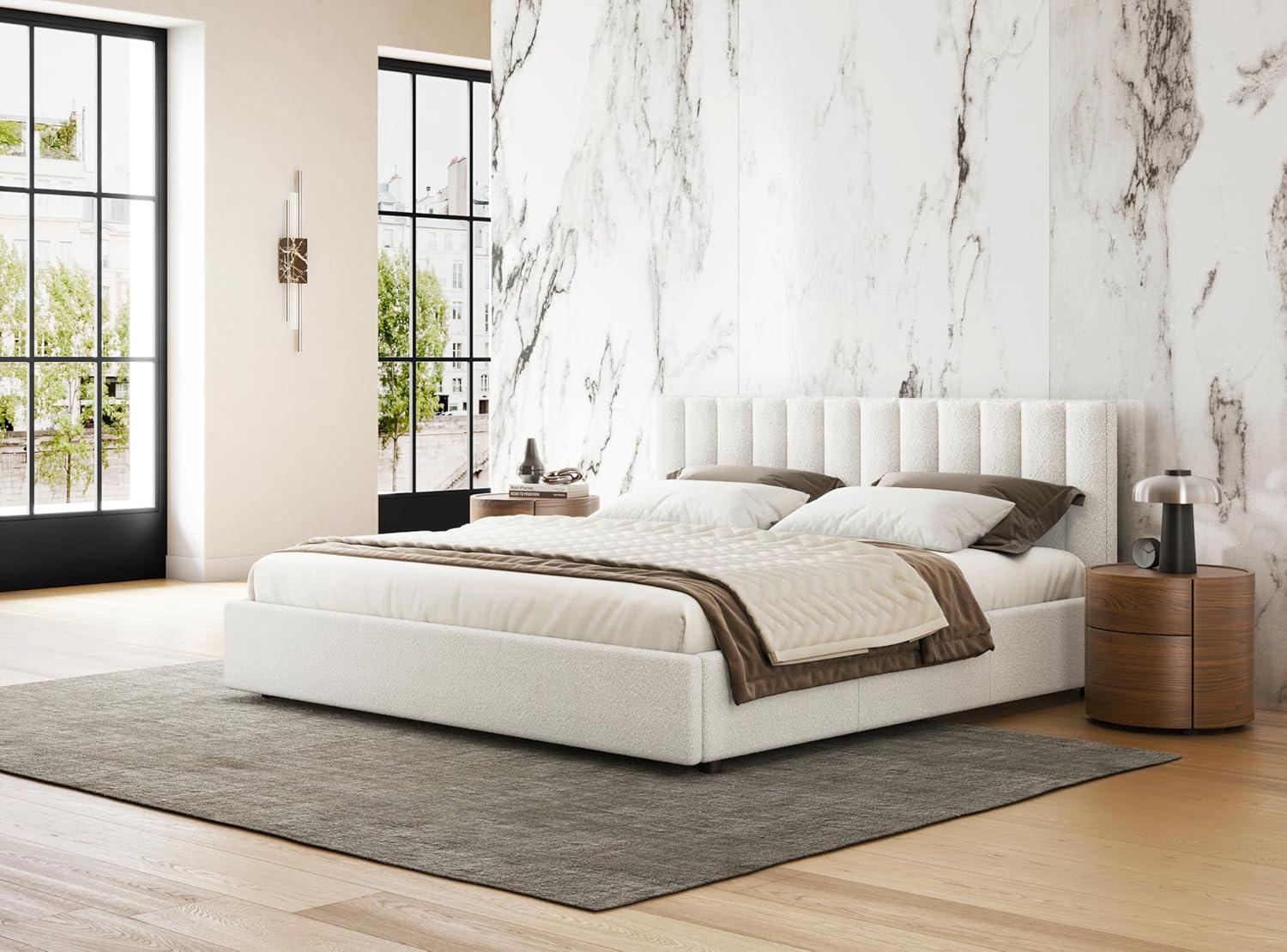 Omax Decor Jaxon Upholstered Platform King Bed in White Boucle Fabric