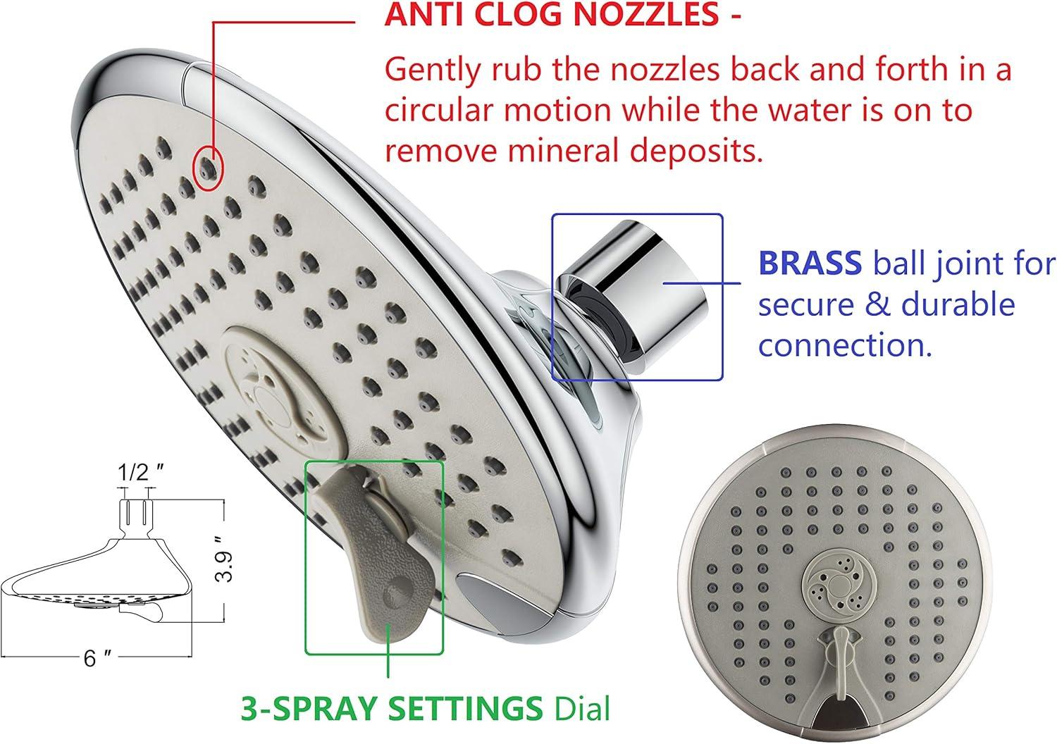 Ana Bath Anti Clog High Pressure 6-Inch Multi Function Dual Shower Head with 8-Ft Shower Hose