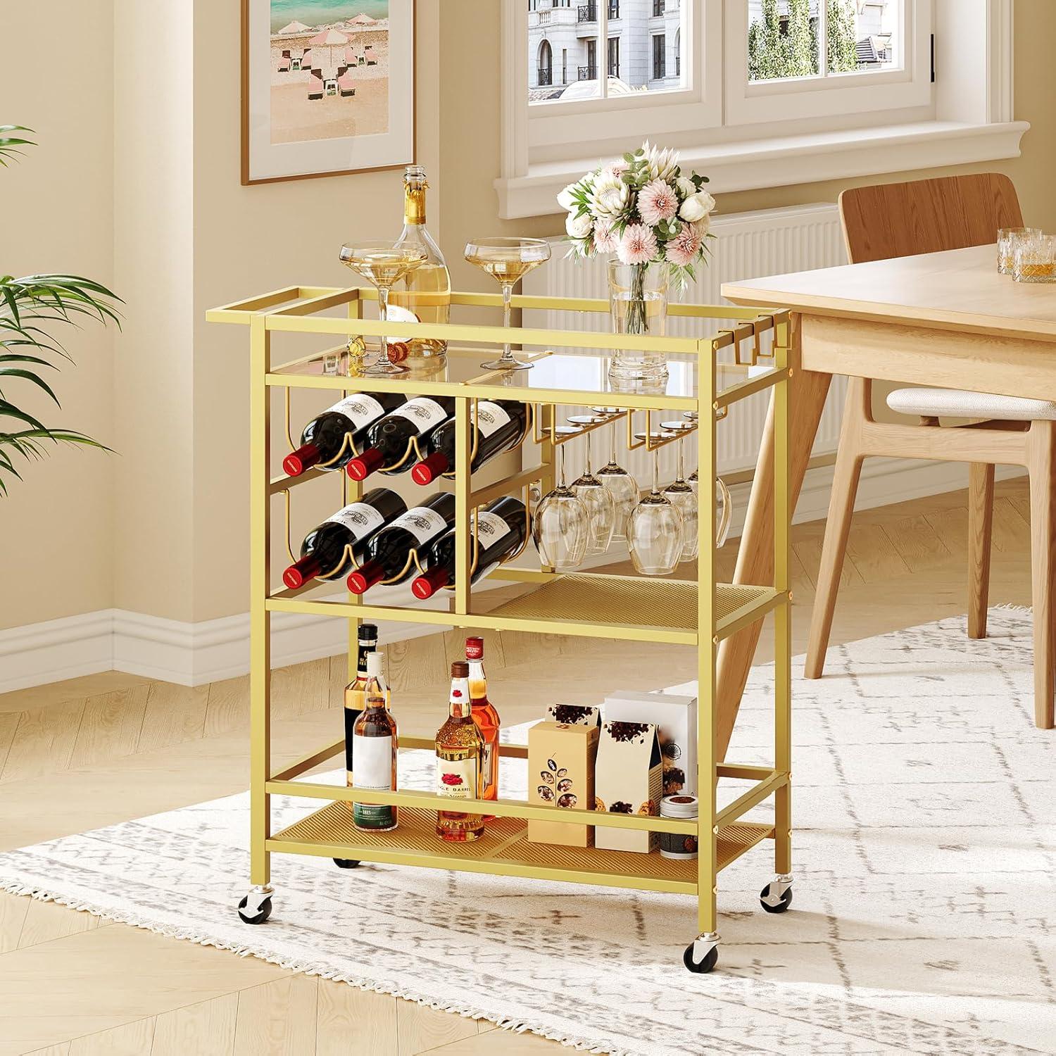 Bar Cart for Home, 3-Tier Serving Cart with Wheels and Handle, Beverage Cart with Wine Rack and Glass Holders, Rolling Wine Cart for Kitchen, Dining Room, Gold RCJ61B01
