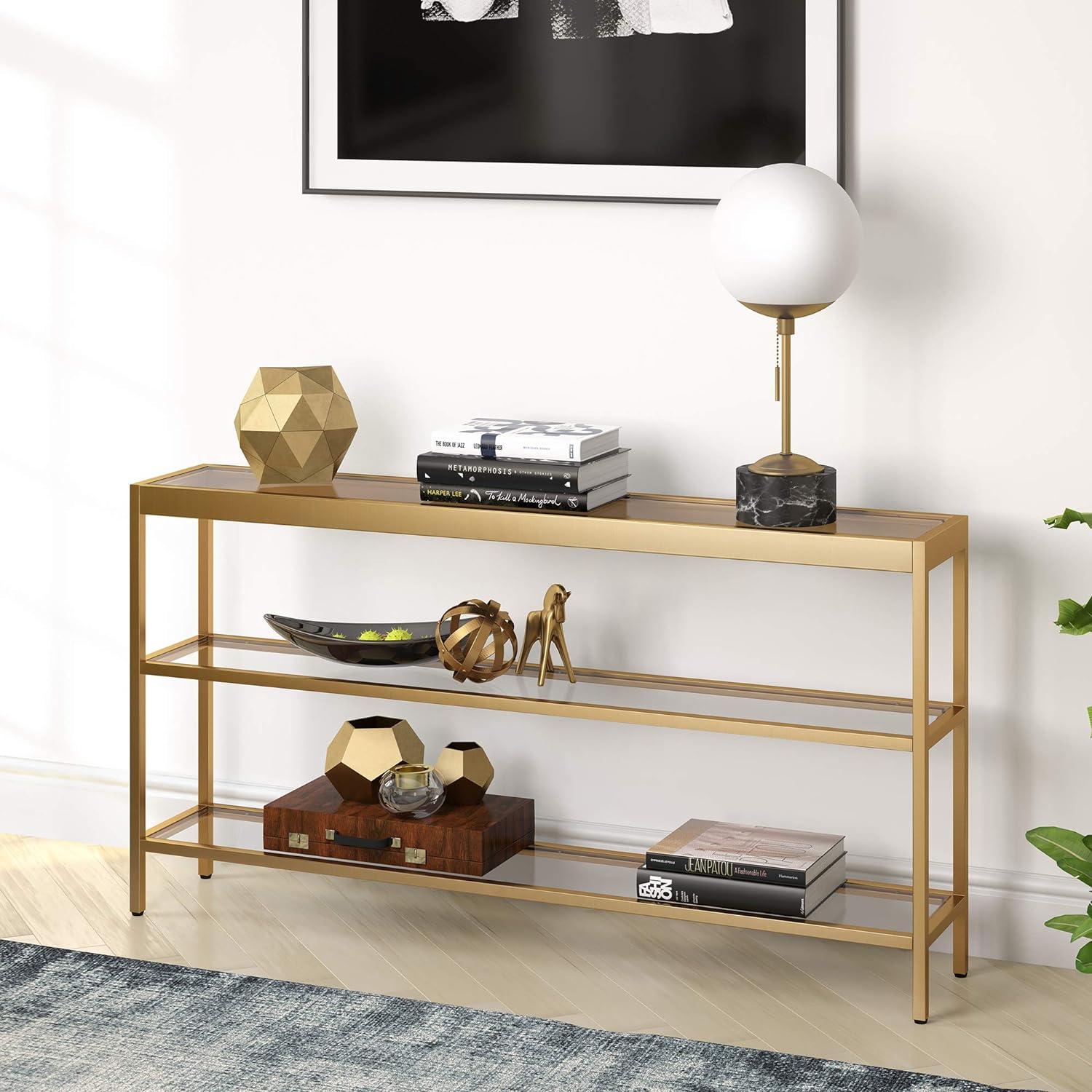 55-Inch Brass Metal and Glass Console Table with Storage