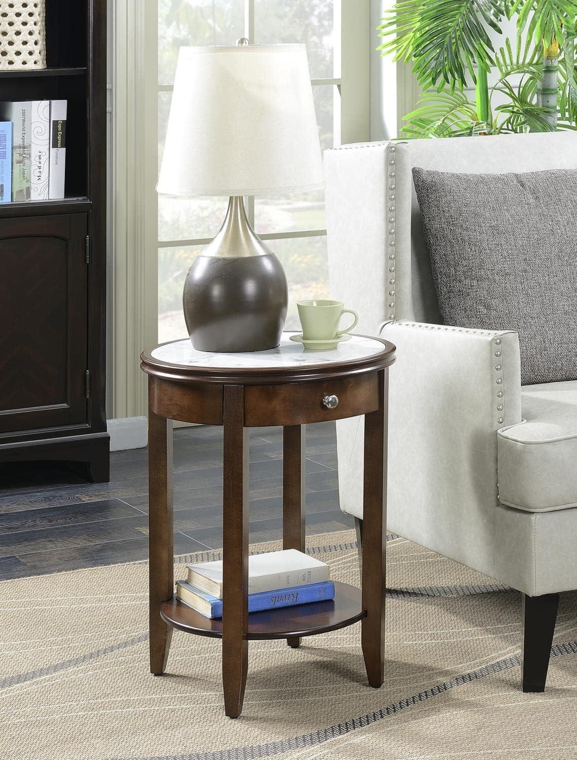 Convenience Concepts American Heritage Baldwin 1 Drawer End Table with Shelf, White Faux Marble Top, Espresso Frame