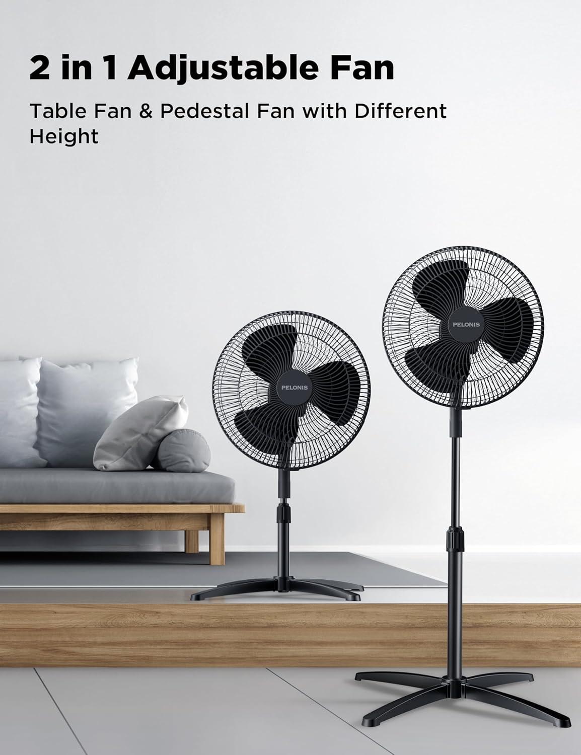 PELONIS 16‘’ Pedestal Stand Up Oscillating Fan with 3 Speeds Settings Ultra Quiet Adjustable Heights for Bedroom, Living Room, Home and Office 2 Packs Black