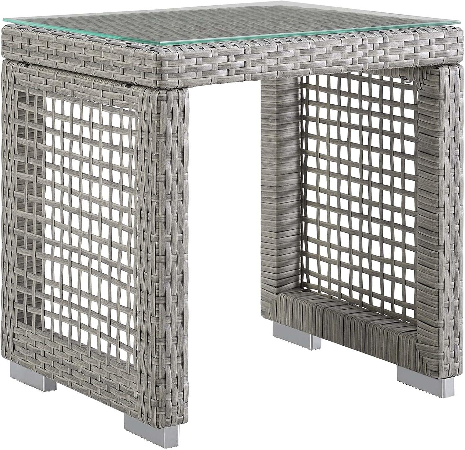 Gray Wicker Rattan Outdoor Patio Side Table with Glass Top