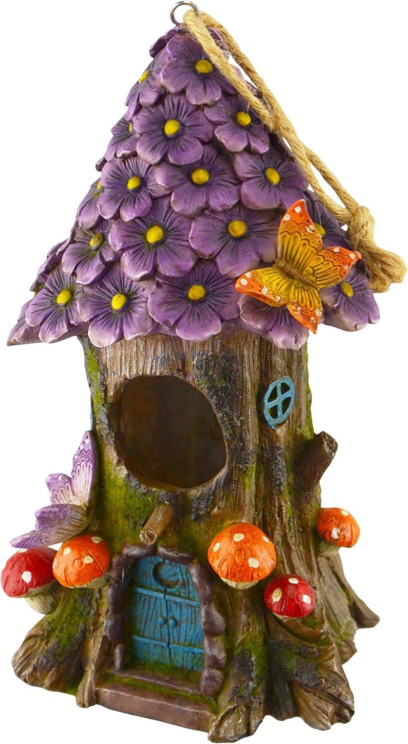 Whimsical Purple Flower and Mushroom Hanging Birdhouse