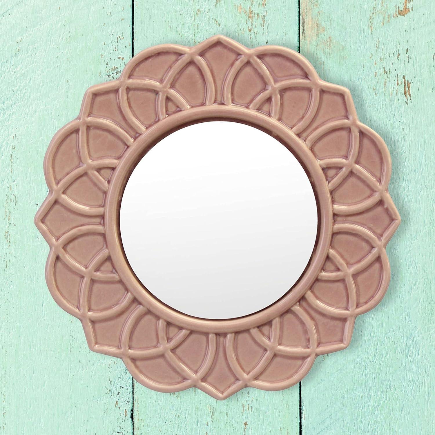 Stonebriar Collection 9" Round Floral Ceramic Wall Hanging Mirror Pink : Modern Decorative