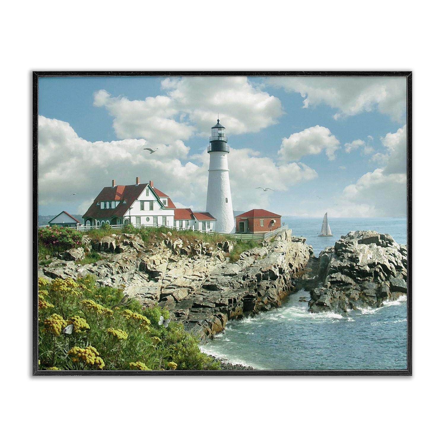 The Stupell Home Decor Collection Portland Head Lighthouse Scene Grassy Ocean Side Peninsula with Sail Boat Framed Giclee Texturized Art