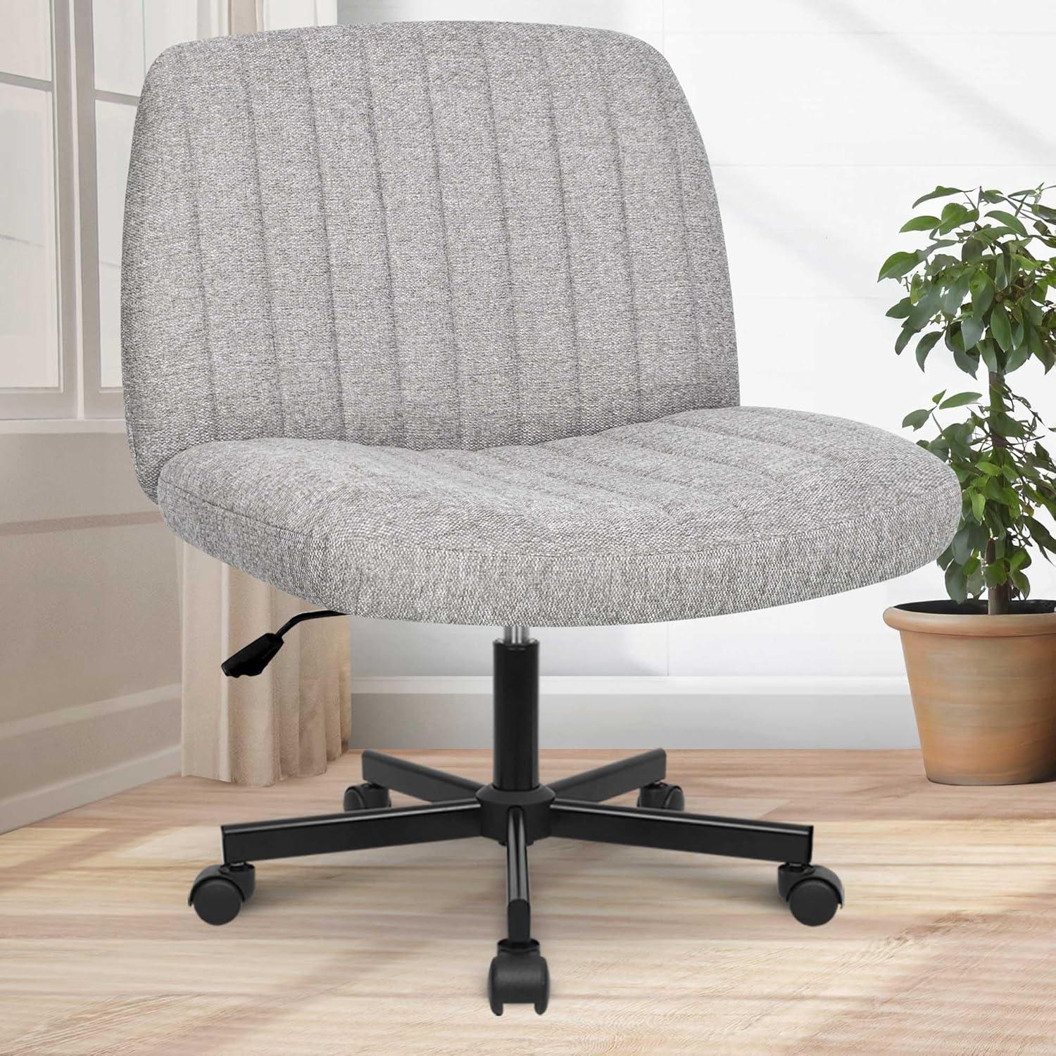 Orange Factory Criss Cross Chair with Wheels, Armless Cross Legged Office Desk Chair, Wide Comfy Vanity Rolling Swivel Modern Comfortable Fabric Computer Task Chairs for Home Office (Grey)