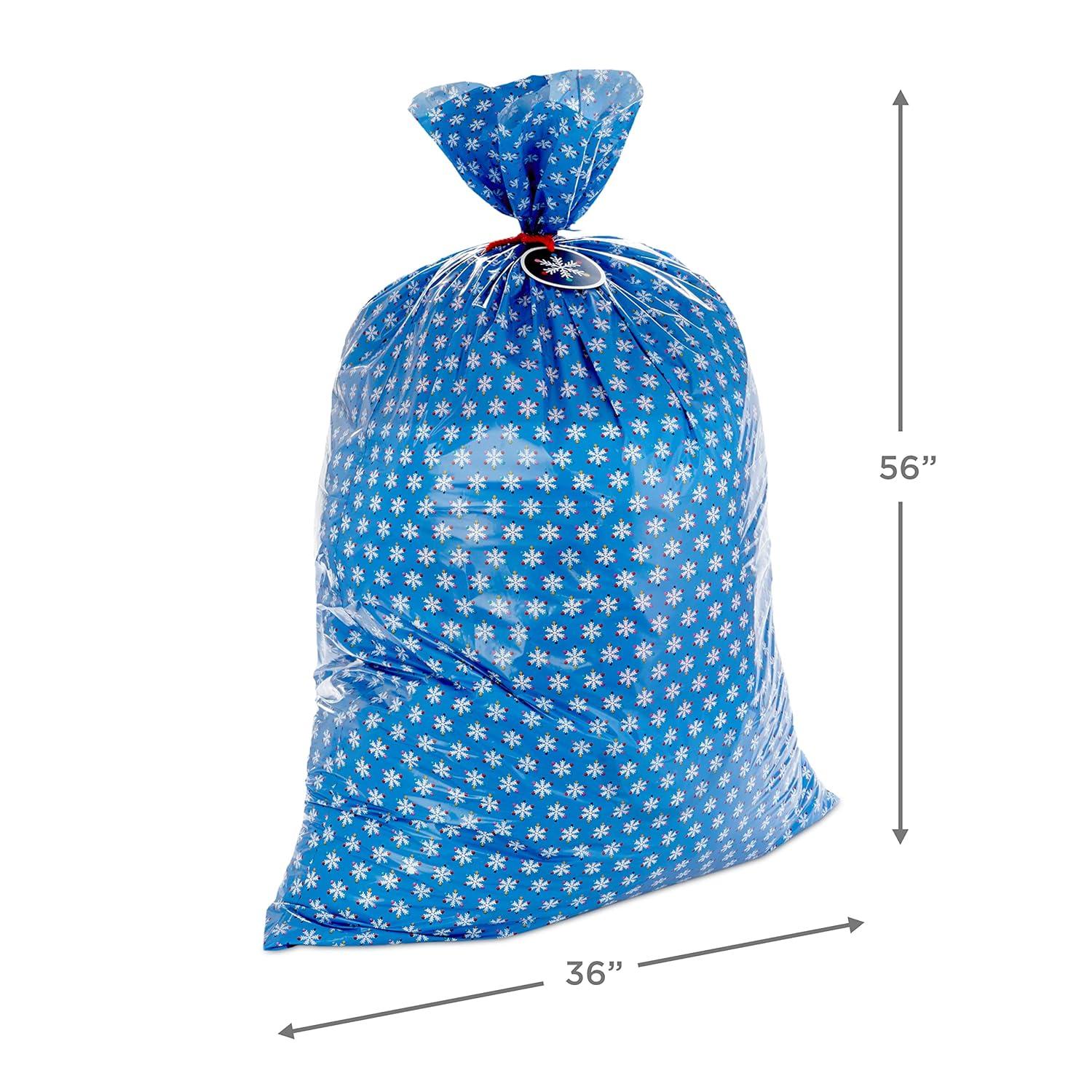 Hallmark Jumbo Plastic Christmas Gift Bags with Gift Tags and Tie Cords (2 Bags: Santa Claus Face, Rainbow Snowflakes on Blue)