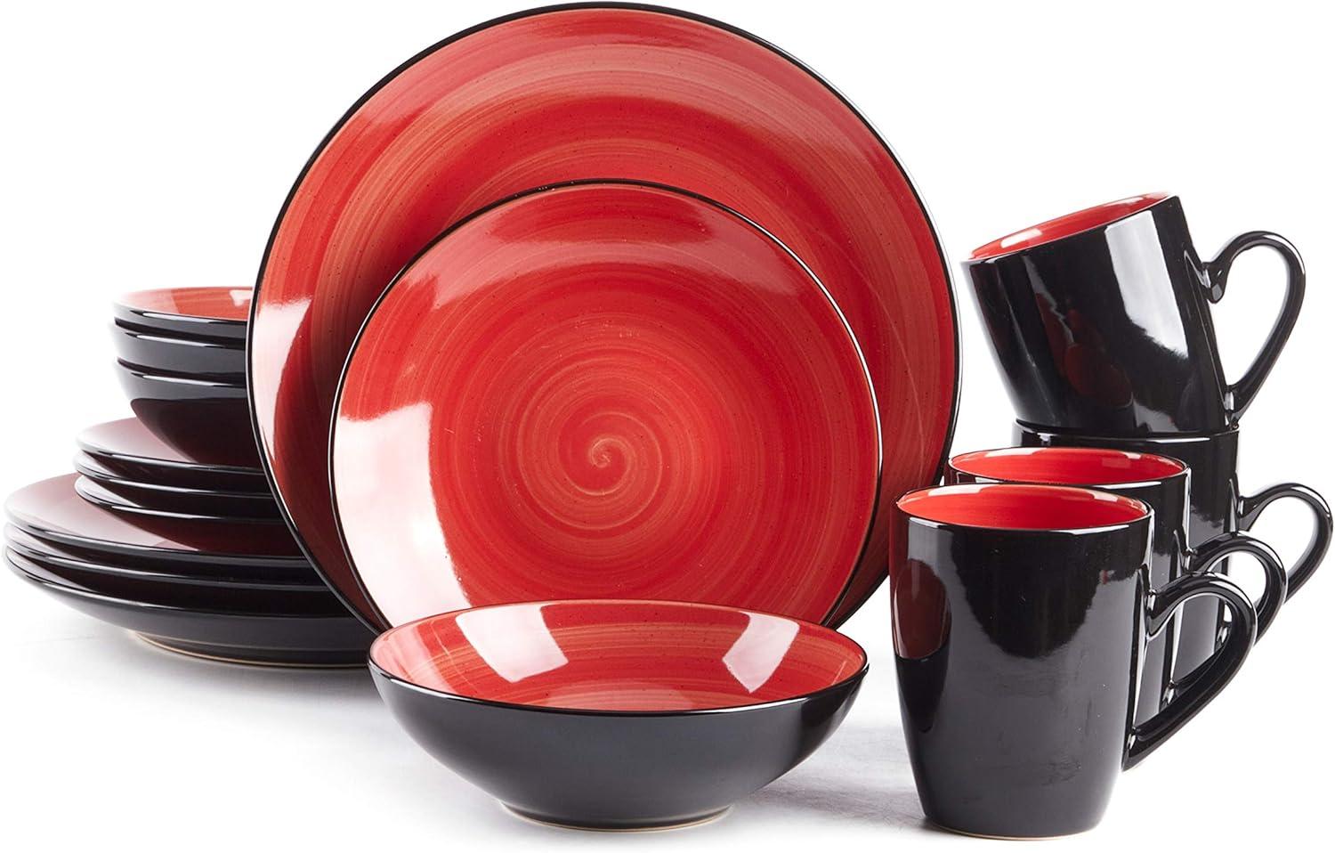 Bestone 16 Piece Dinnerware Set, Stoneware, Chip Resistant, Dinnerware Sets, Plates, Dishes, Bowls, Service for 4, Square，Red and Black