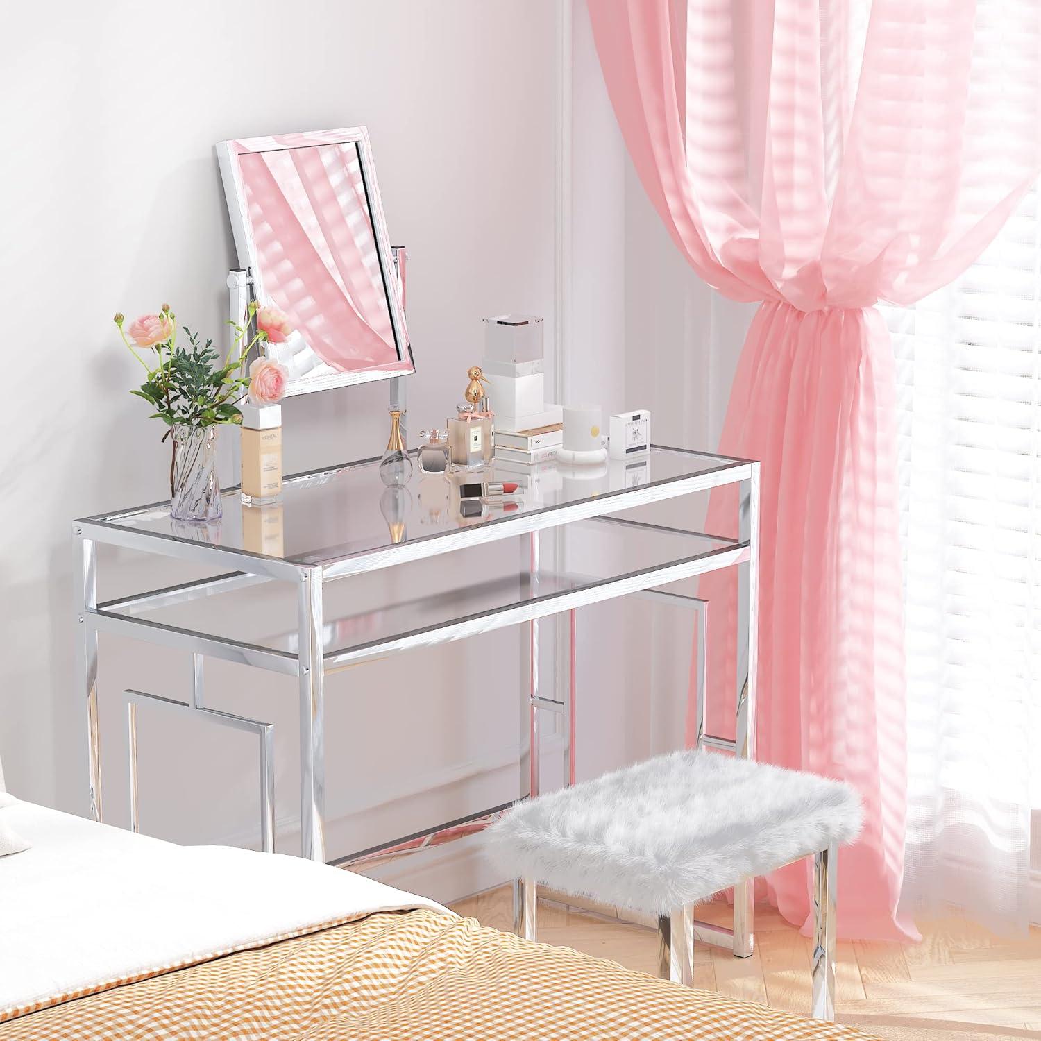Acme Furniture Carenze Ii Vanity Table White Faux Fur/Chrome Finish
