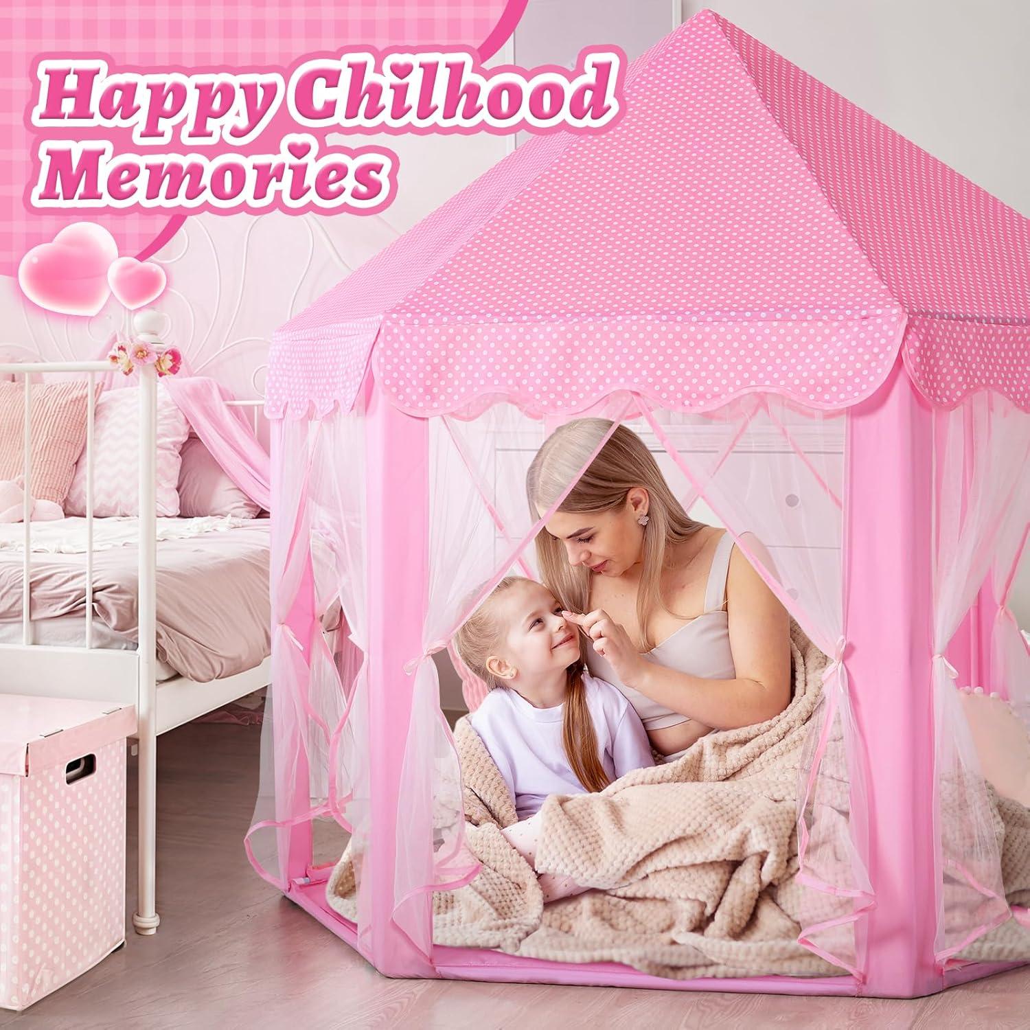 Princess Playhouse Play Tent with LED Lights, Large Collapsible Indoor / Outdoor Kids Teepee with Carrying Bag