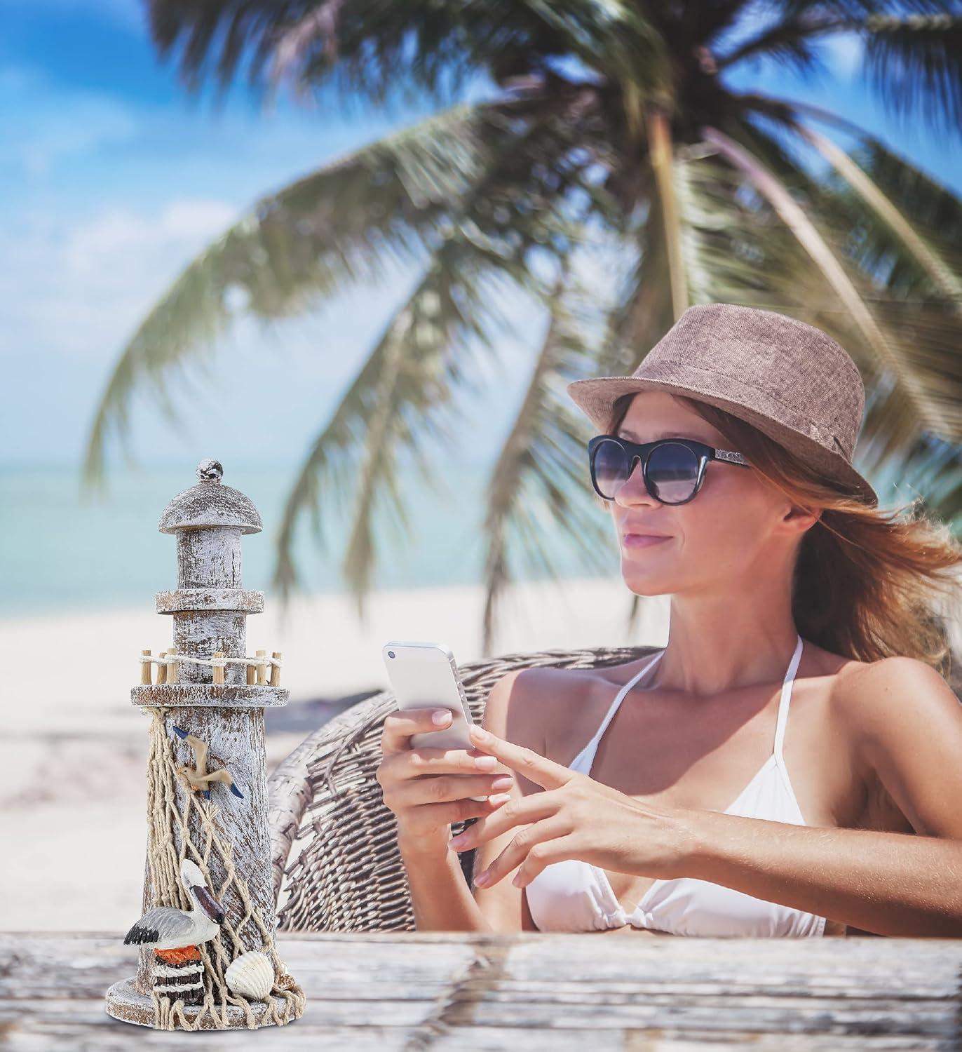 CoTa Global Brown Wooden Lighthouse Decor - Handmade and Crafted Wooden Lighthouse Decoration with Pelican and Fishing Net, Beach Style Tabletop Home Decor - Handmade Color May Vary - 8.75 Inches