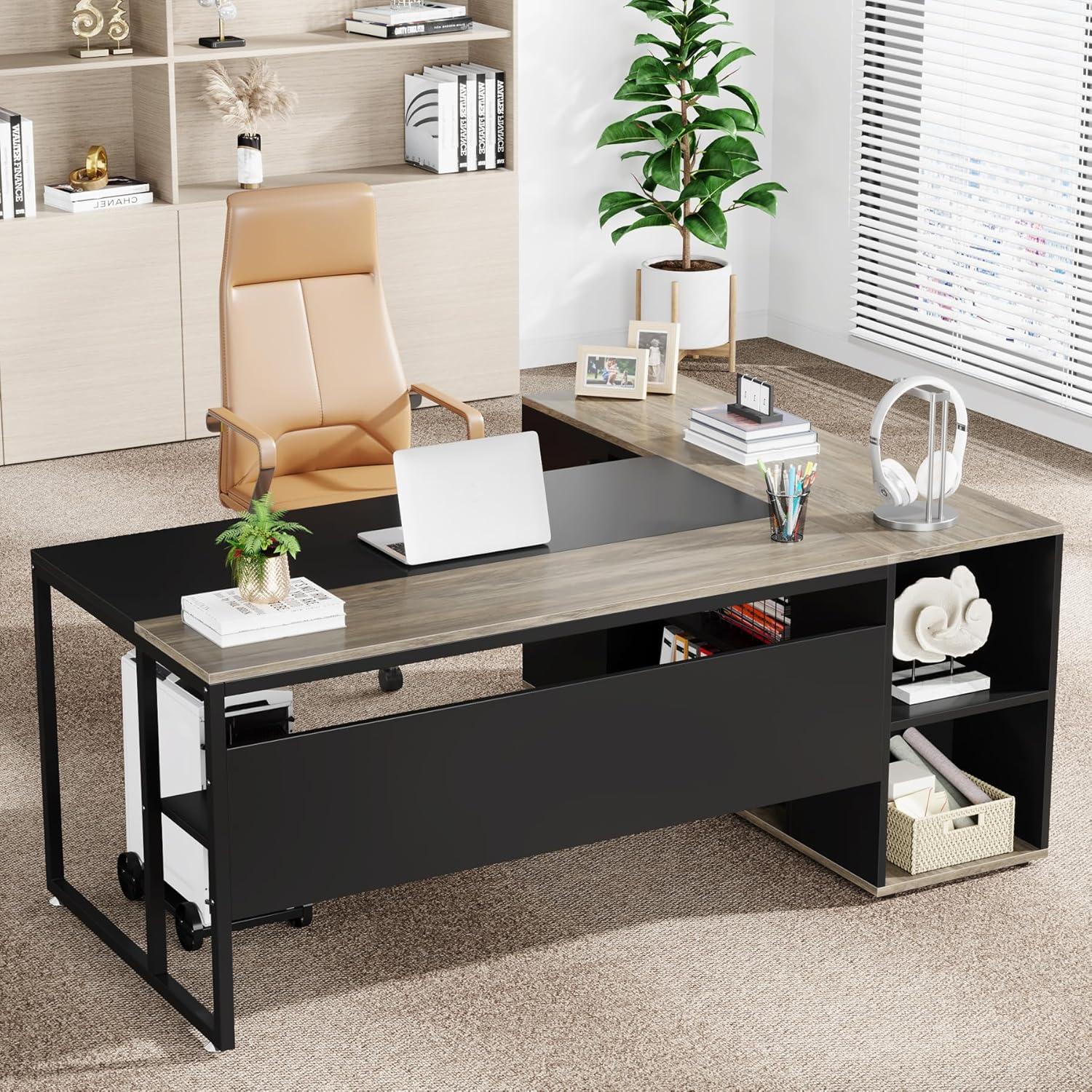 Tribesigns 71 inch Executive Desk, L Shaped Desk with Cabinet Storage, Executive Office Desk with Shelves