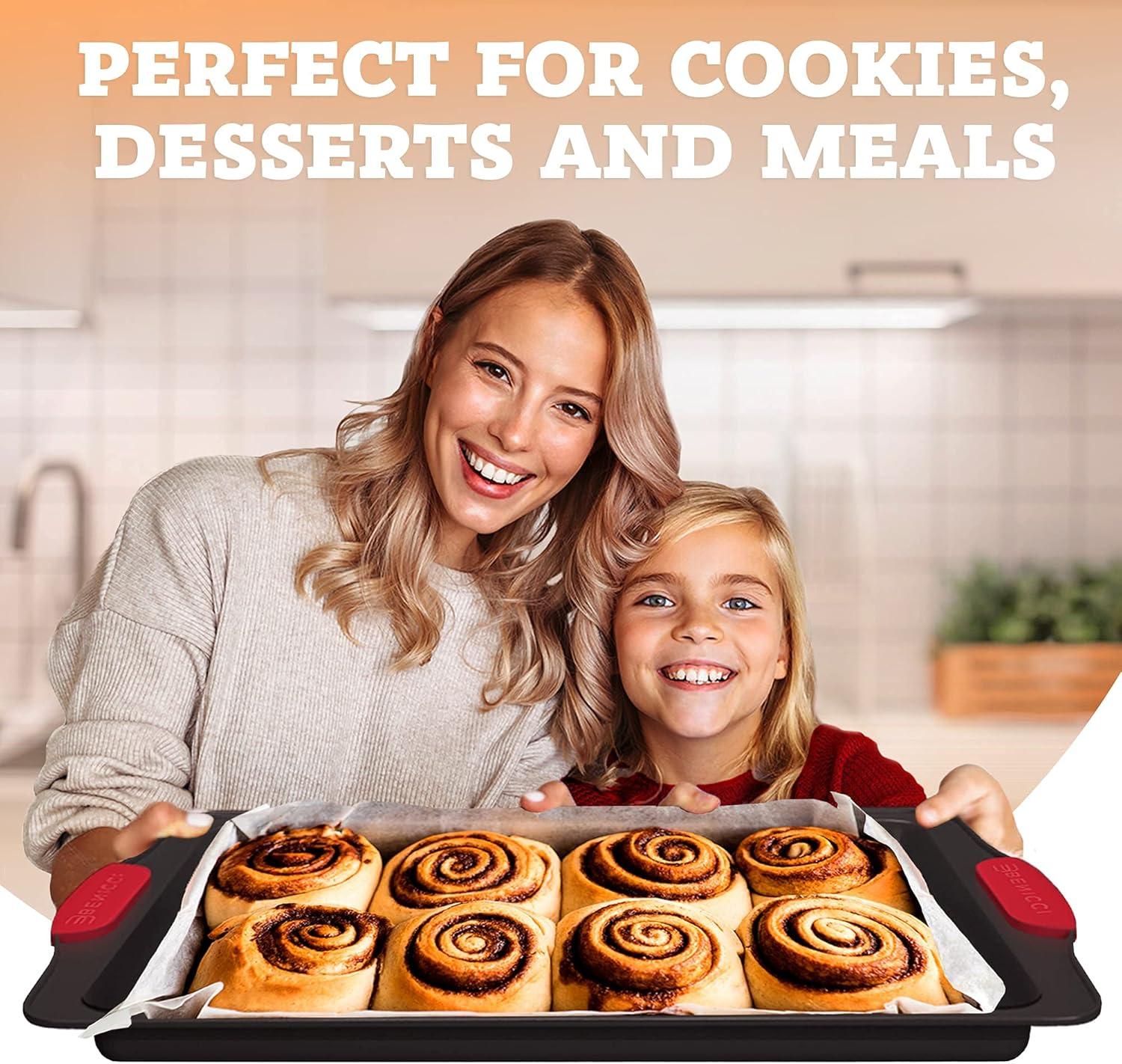 BPA Free Nonstick Baking Sheets w/ Silicone Handles in a Pack of 3 - Deluxe Cookie Sheets with Large, Medium & Small Bakeware Pans Lets You Bake The Perfect Cookie or Pastry Every Time