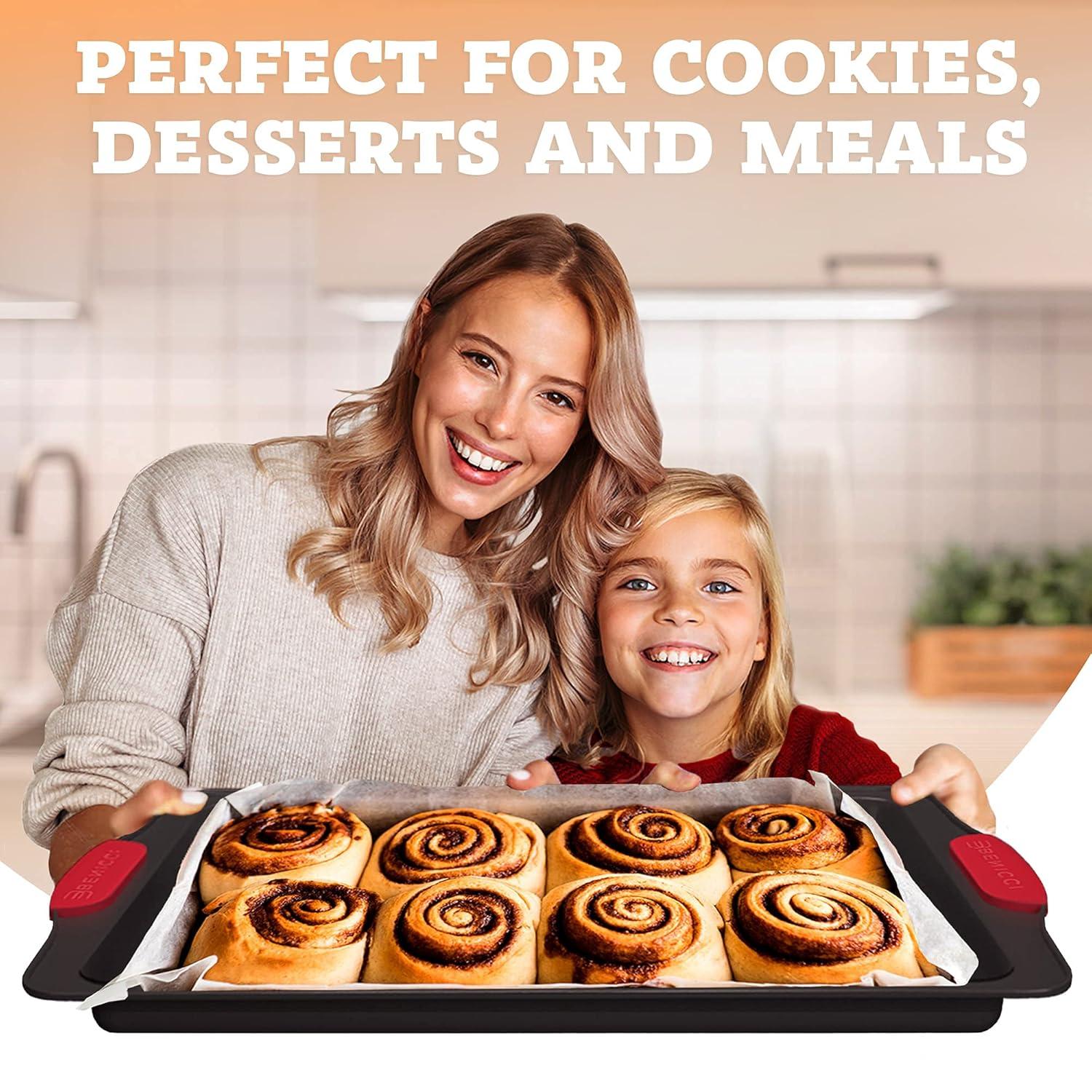 BPA Free Nonstick Baking Sheets w/ Silicone Handles in a Pack of 3 - Deluxe Cookie Sheets with Large, Medium & Small Bakeware Pans Lets You Bake The Perfect Cookie or Pastry Every Time