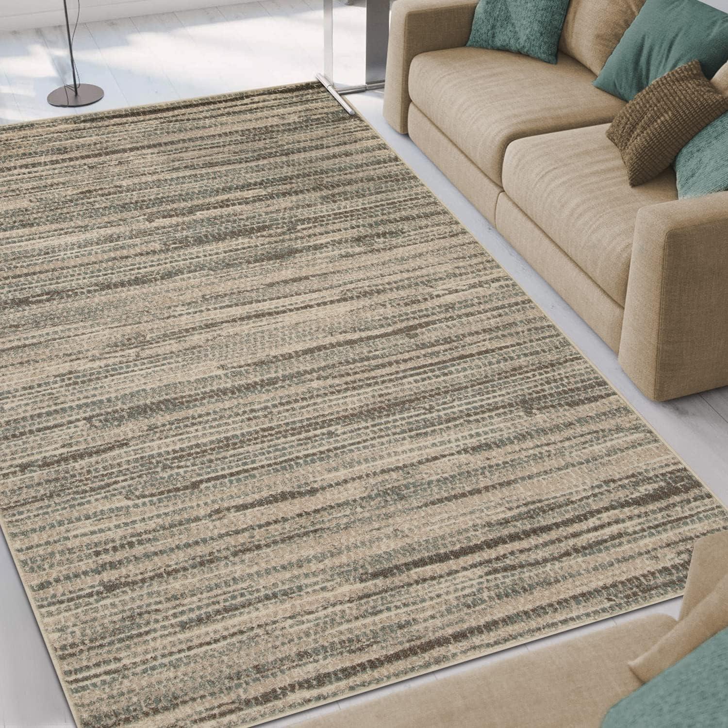 Green Cream Abstract Washable Synthetic Area Rug 4' x 6'