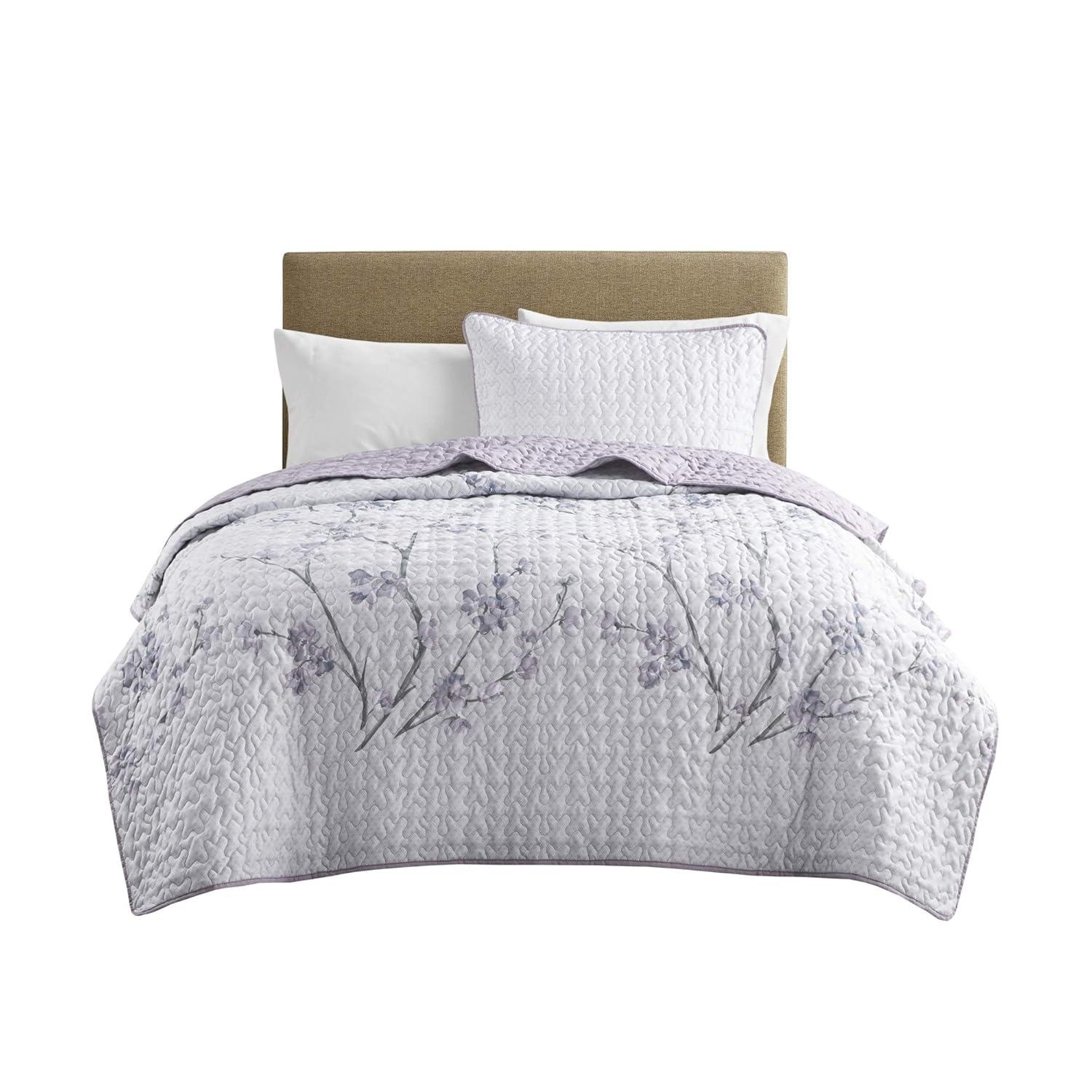 Comfort Spaces Reversible Twin/TwinXL Quilt Set Gray/Purple Lightweight Microfiber Vermicelli Stitching Bedspread, 2pcs