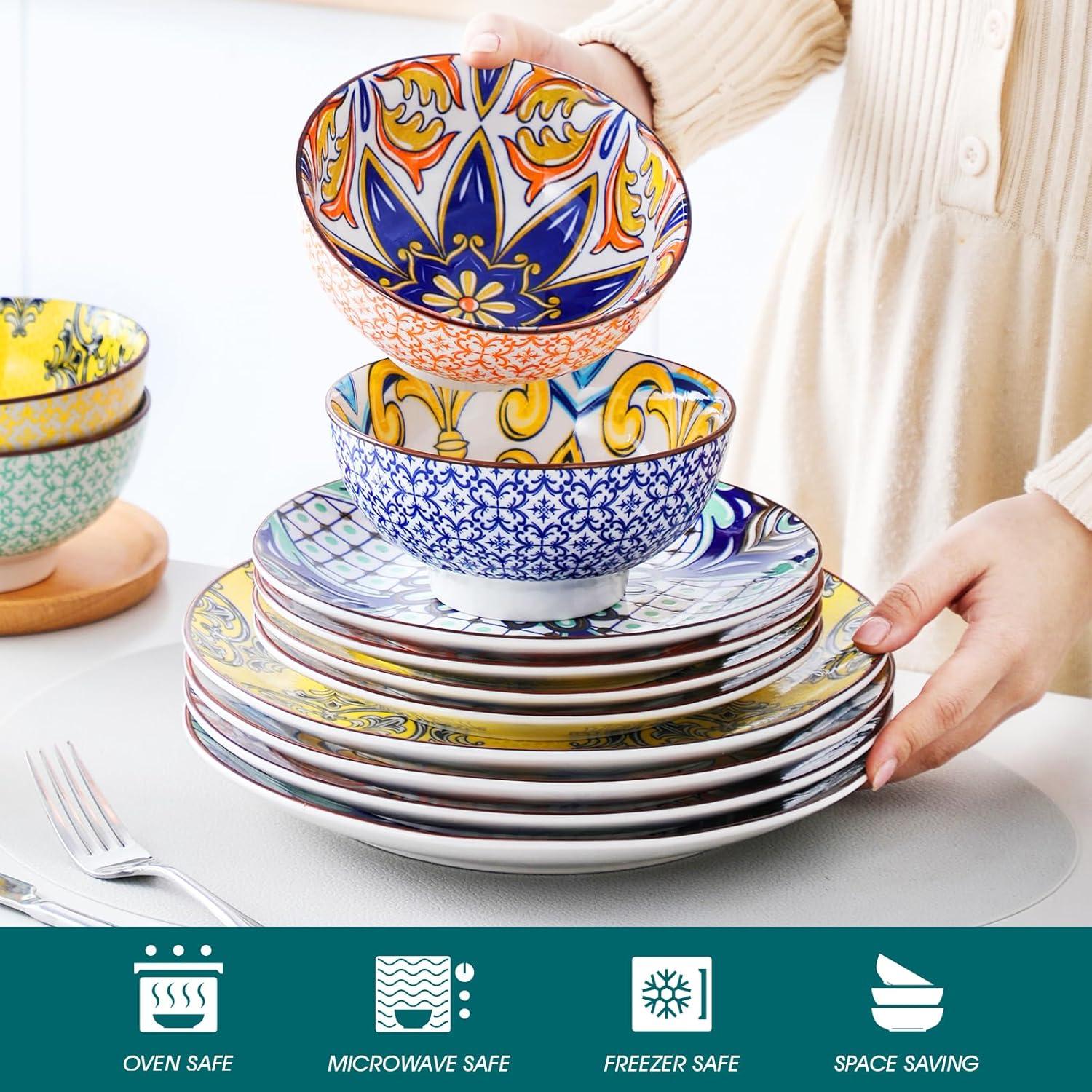 Bloomsbury Market Plates And Bowls Sets For 4,  Porcelain Dinnerware Sets Dishware Sets Chip Resistant Ceramic Dish Set Dining Dinner Ware Service, Series Jasmin,(12 Pieces/Mixcolor)