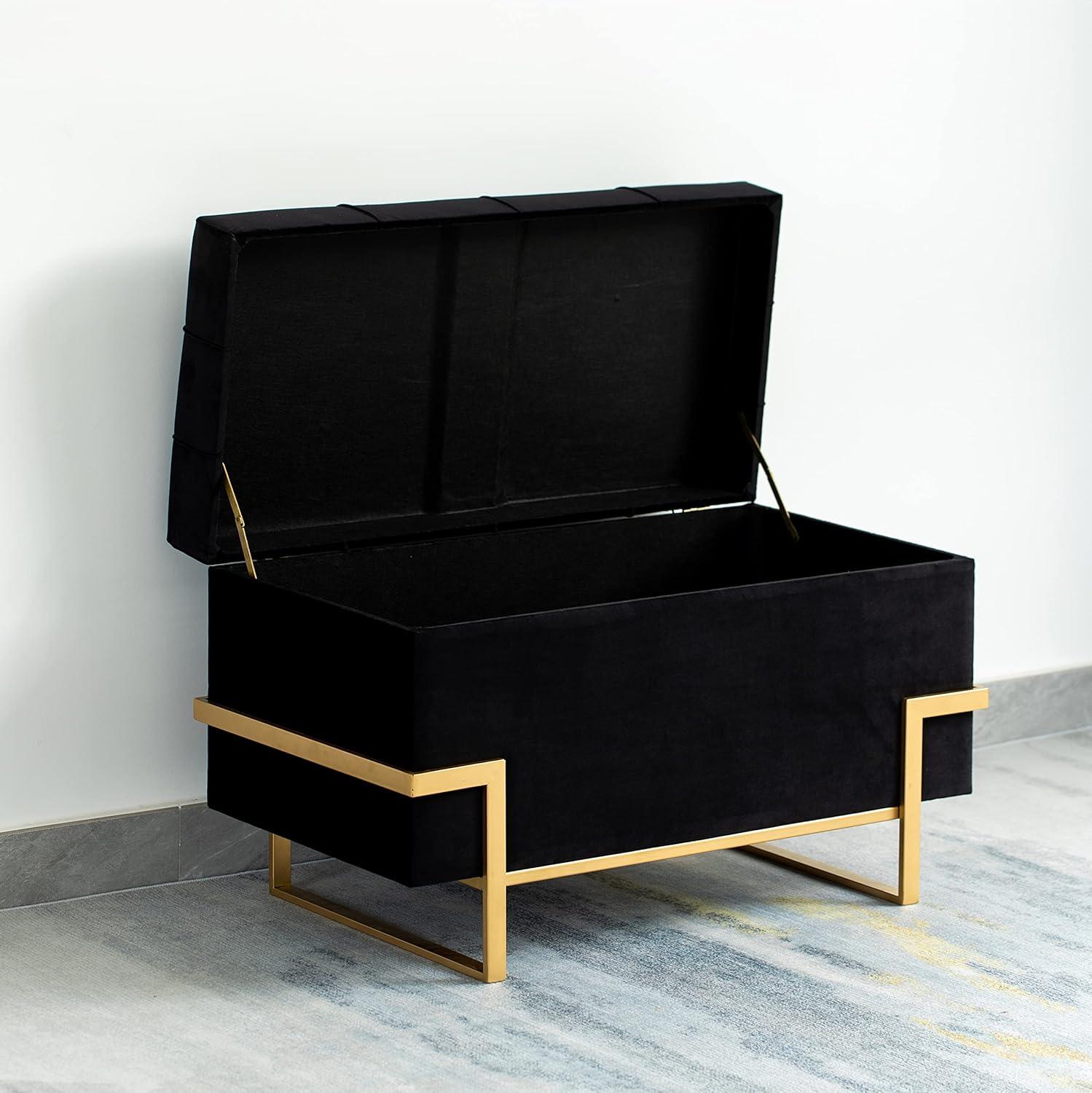 Fabulaxe Rectangle Velvet Storage Ottoman with Abstract Golden Legs | Sitting Bench for Living Room Home Decor with Unique Base Support (Black Large)
