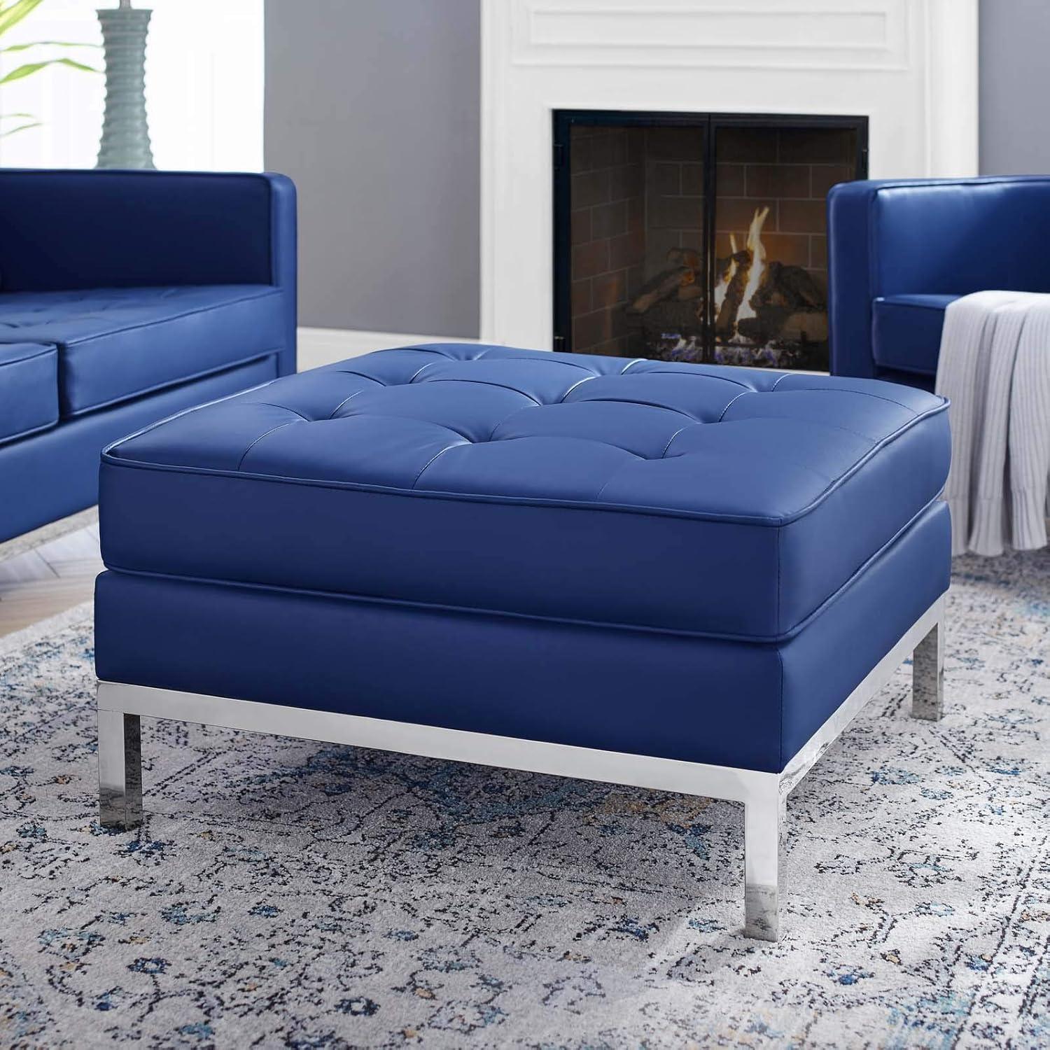 Silver Navy Tufted Faux Leather Ottoman with Stainless Steel Legs