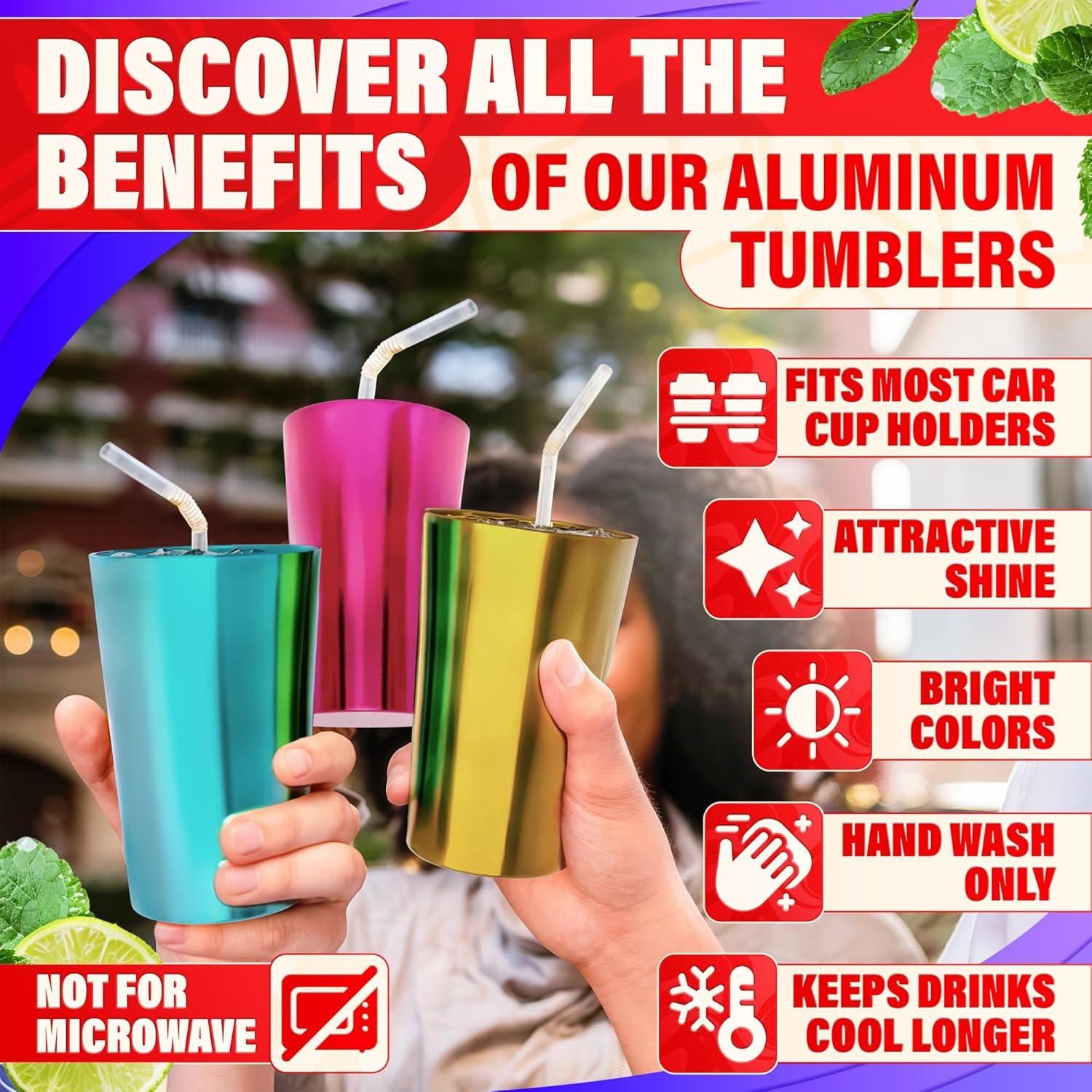 6 Pcs Aluminum Tumblers 15 oz - Lightweight, Durable, and Reusable Metal Cups | Vibrant Festive Colors for Hot and Cold Beverages | Sturdy Anodized Design for Parties and Outdoor Use | Dishwasher Safe