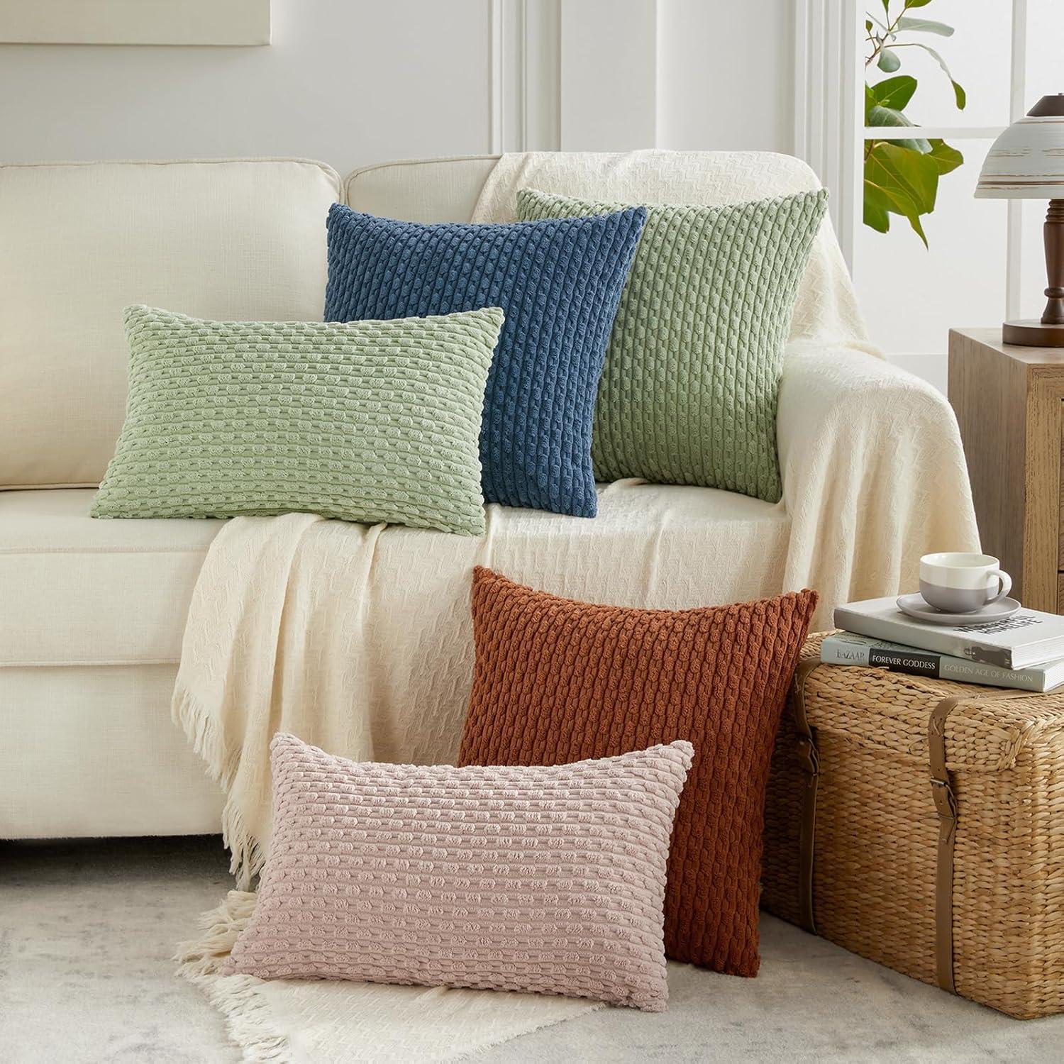 Boho Sage Green Striped Corduroy Pillow Covers - Set of 2 | Farmhouse Rectangle Cushion Cases for Sofa Couch Bed | Soft Decorative Throw Pillowcases - 12x20 Inch Home Decor