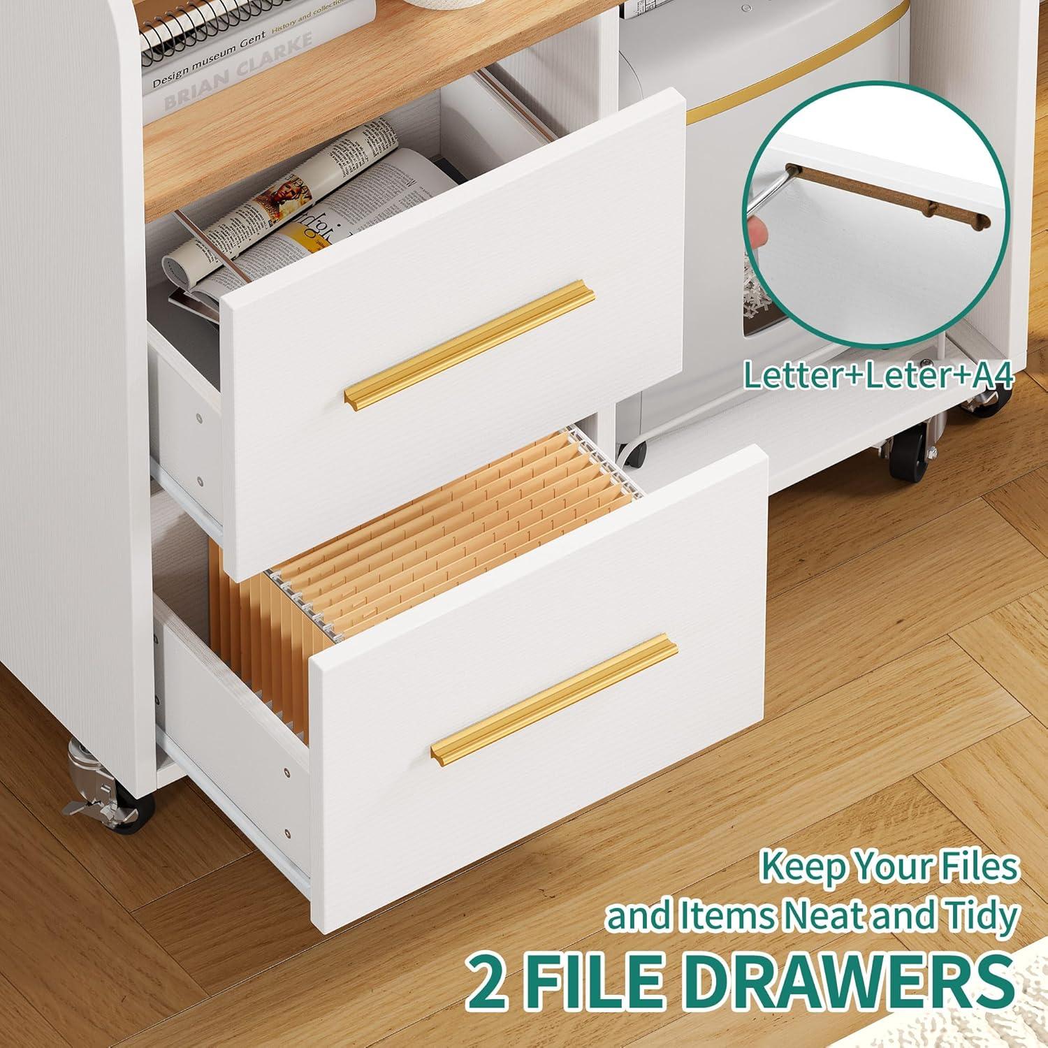 DWVO File Cabinet with Charging Station and Paper Shredder Stand, Printer Table Cabinet Rolling File Cabinet with 2 Drawers and Open Storage Shelves for Home Office, White