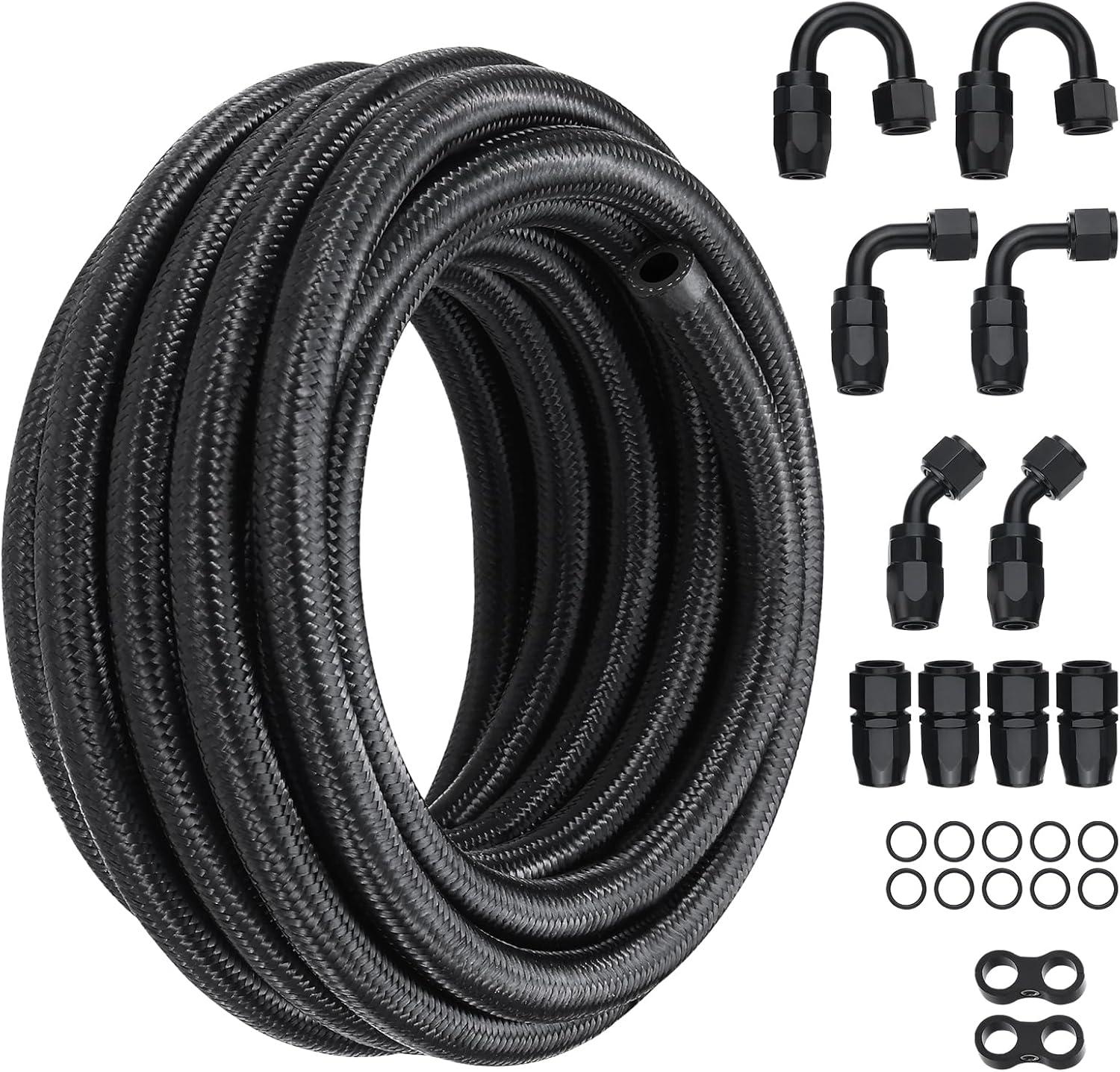 VEVOR 6AN Fuel Line Kit, 20 FT Fuel Hose Kit, 0.34" Nylon Stainless Steel Braided Fuel Line Oil/Gas/Diesel Hose End Fitting Kit, with 12 PCS Swivel Fitting Adapter Kit, Black