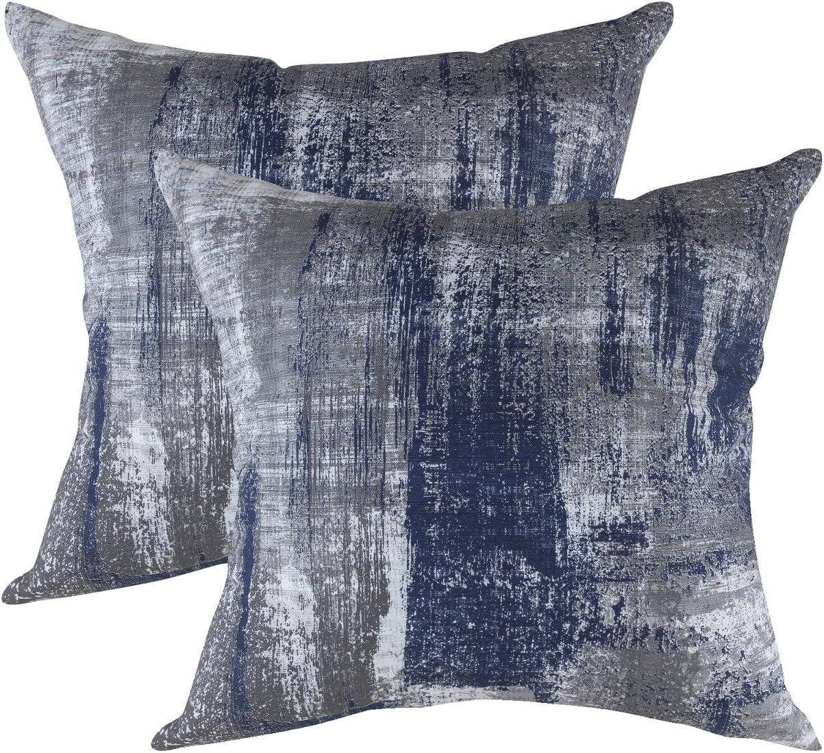 TreeWool (Pack of 2) Brush Art Accent Decorative Square Cotton Throw Pillow Covers (22 x 22 inches, Navy Blue)