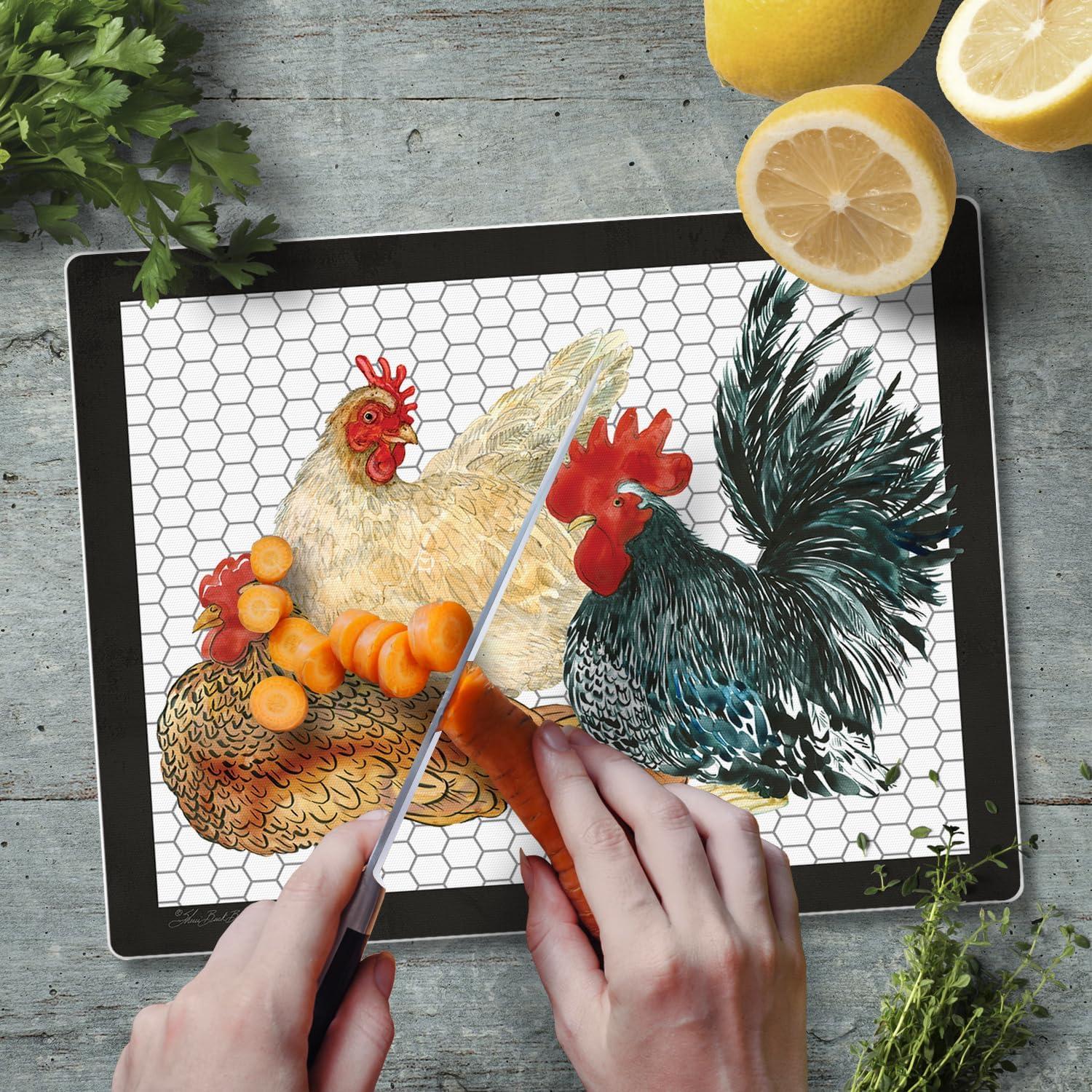 CounterArt Whimsical Roosters 3mm Glass Cutting Board 10” x 8”