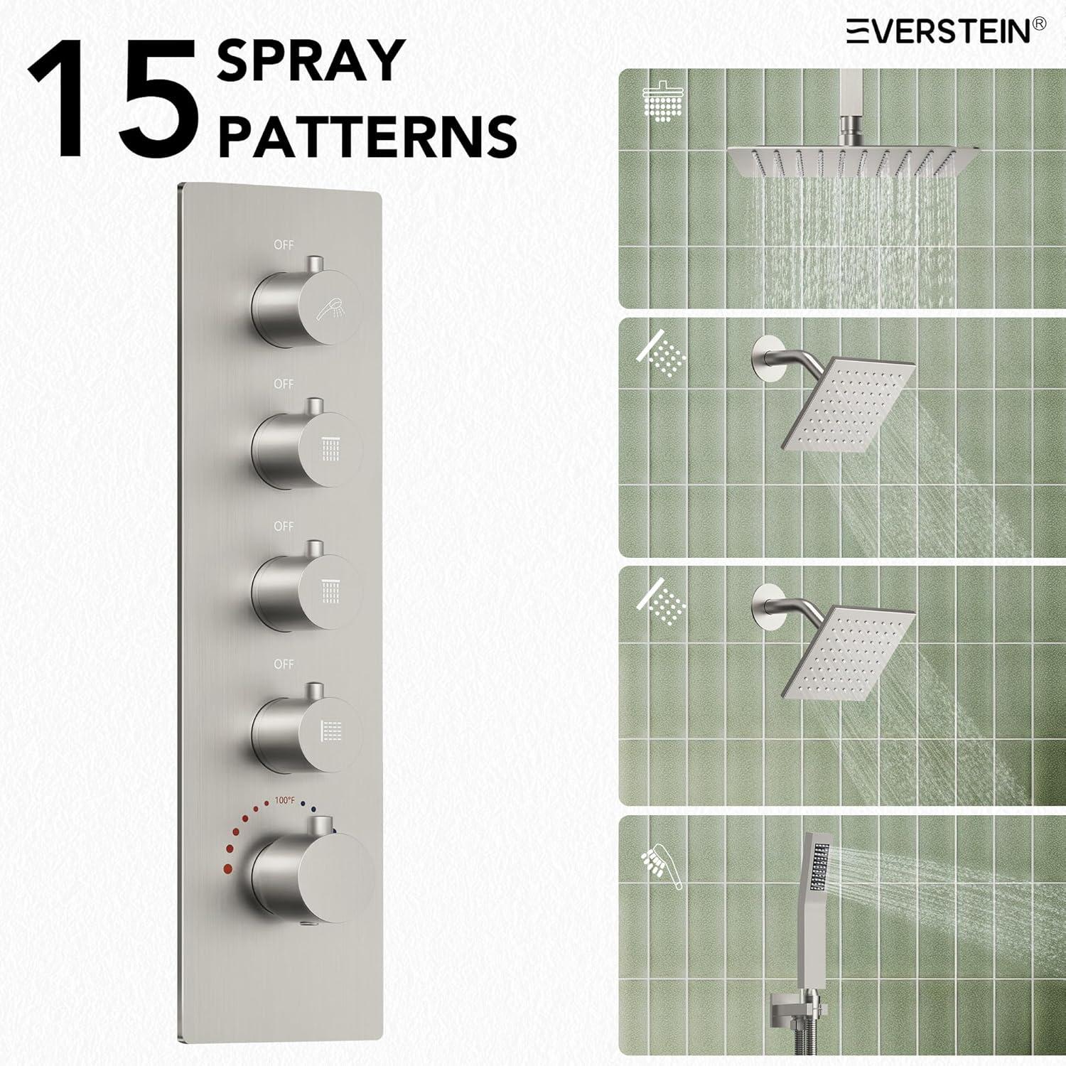 15-Spray Patterns 16" & 6" Triple Shower Heads, Shower FaucetSystem with Thermostatic Rough-in Valve