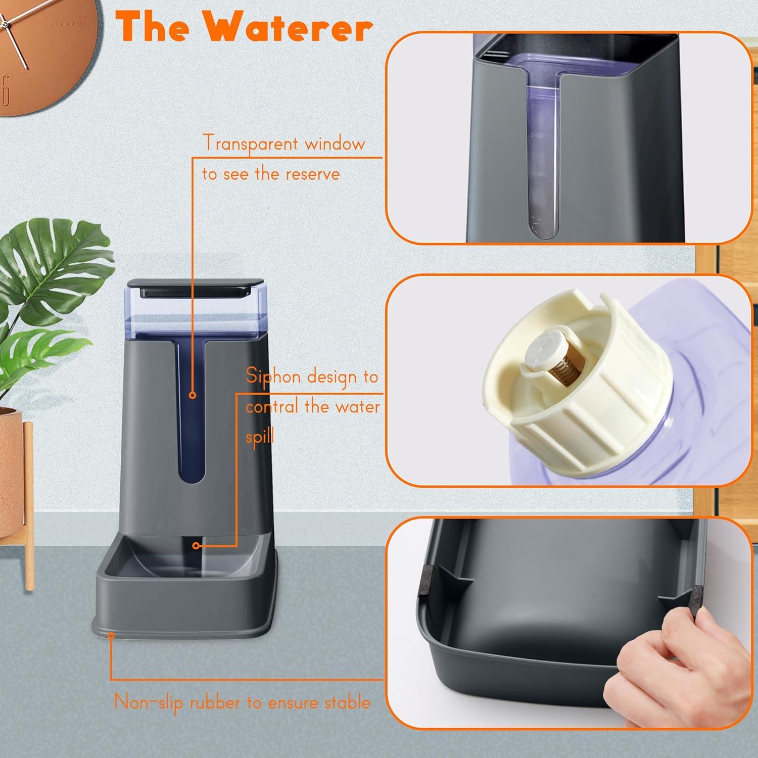 Automatic Cat Feeder and YPF5 Cat Water Dispenser in Set 2 Packs Automatic Dog Feeder and Dog Water Dispenser 1 Gallon for Small Medium Big Dog Pets Puppy Kitten (deep Gray)