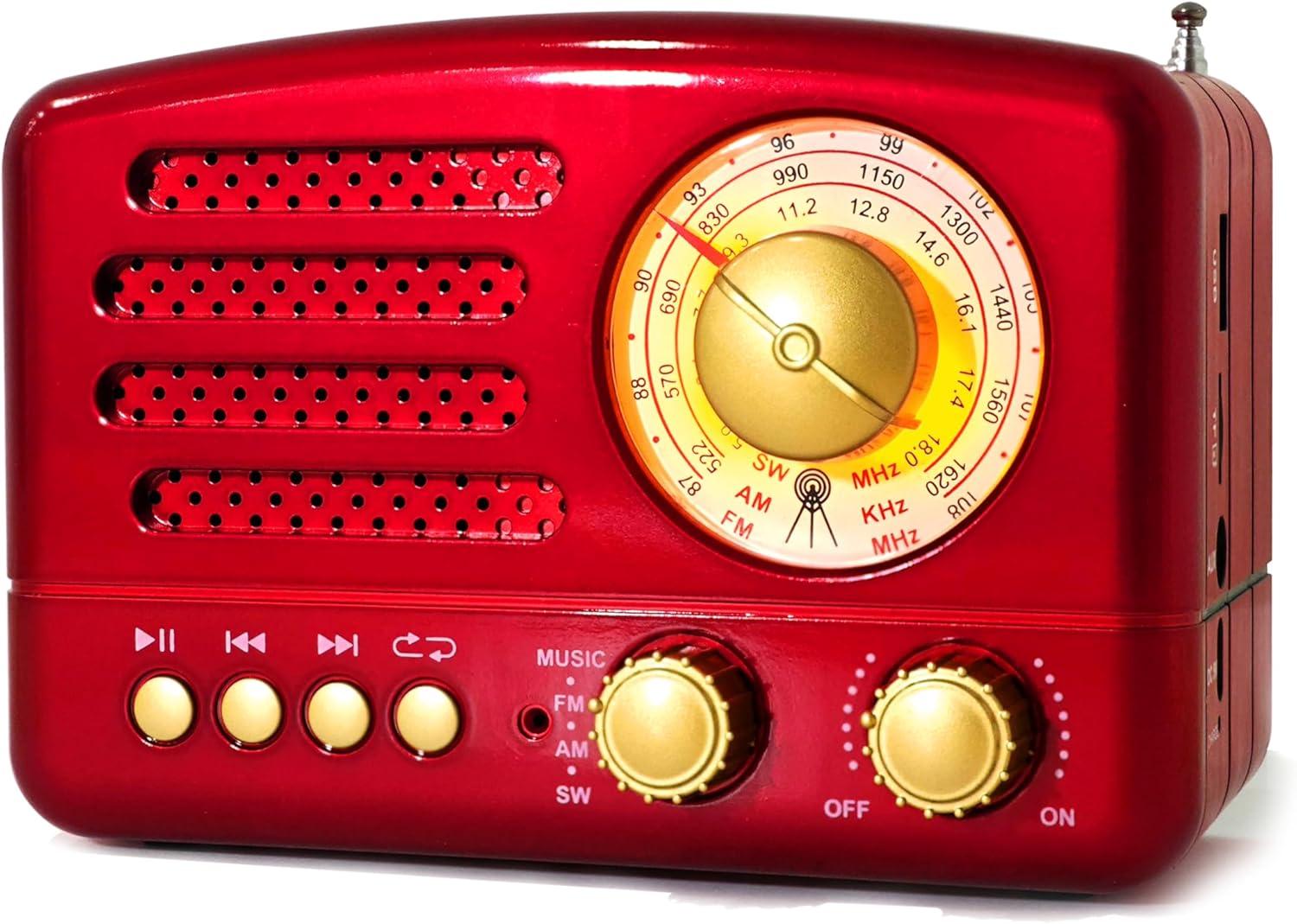 Retro Portable AM/FM Vintage Radio with Bluetooth, Transistor Radio Receiver, Rechargeable Battery, Support TF Card, AUX, USB, MP3 Player for Elder (Red)