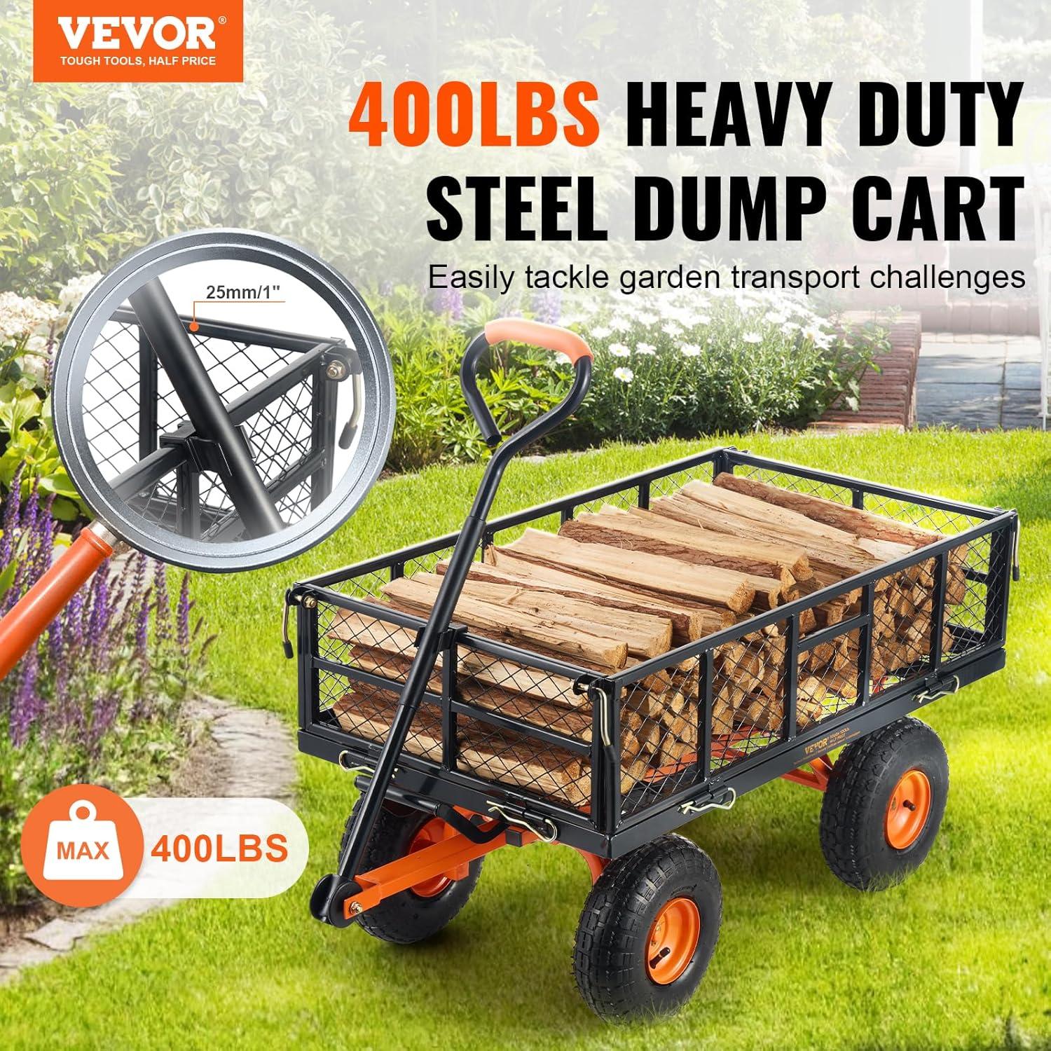 Heavy Duty Black and Orange Steel Garden Dump Cart with Adjustable Handle