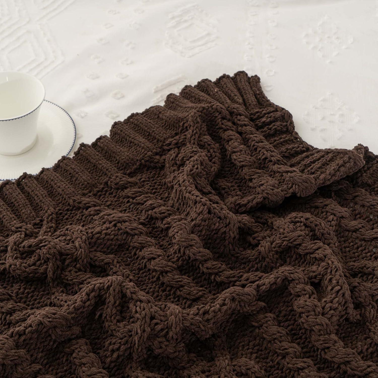 Battilo Dark Brown Throw Blanket for Couch, Soft Chenille Knit Throw Blanket, Decorative Sofa Blanket Chocolate Brown,Christmas Decor,51"x67"