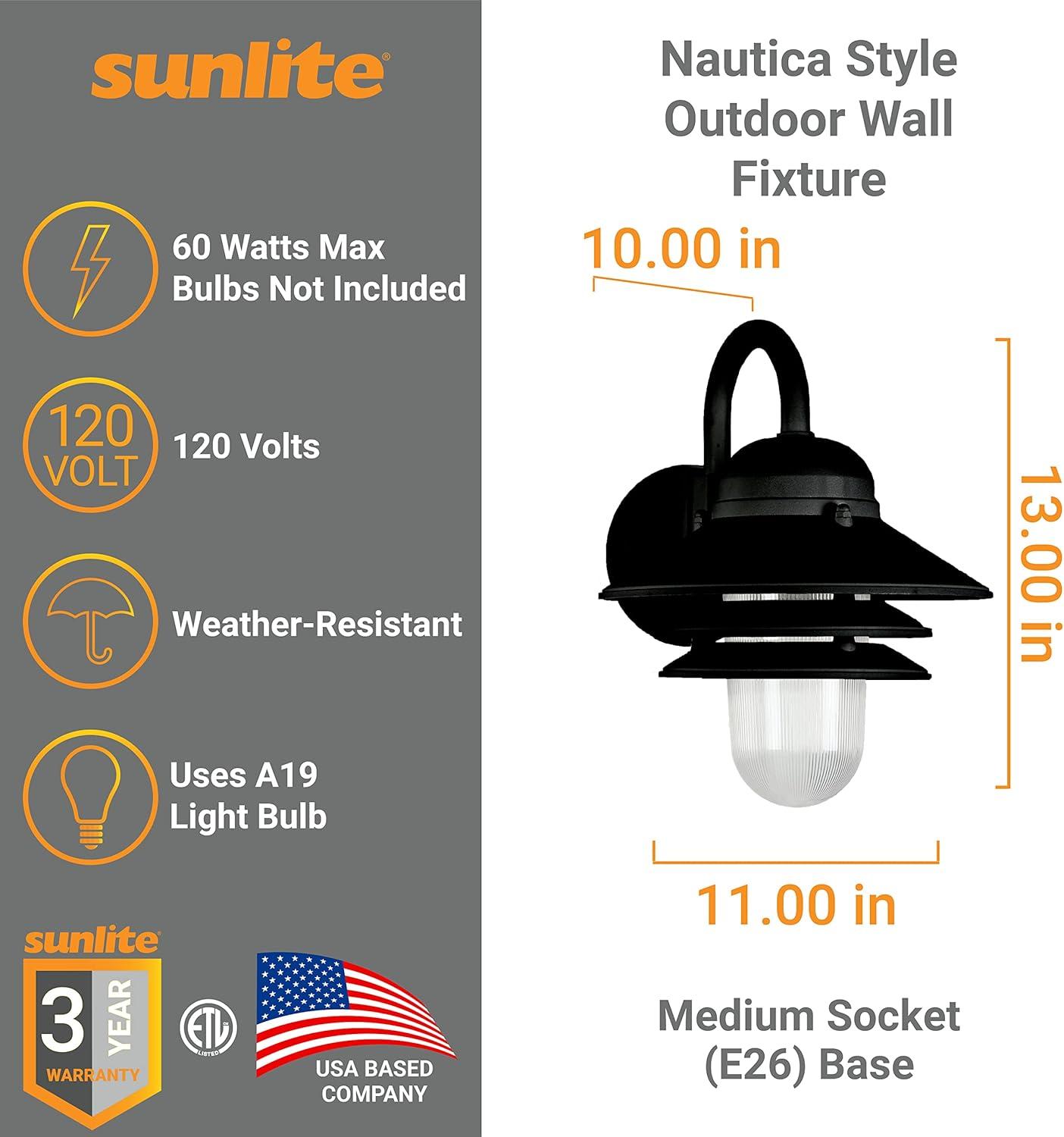 Sunlite 41370-SU Nautical Style Outdoor Wall Fixture, Medium Base Socket (E26), Weatherproof Polycarbonate, Prismatic Acrylic Lens, Made in The USA, UL Listed, Black