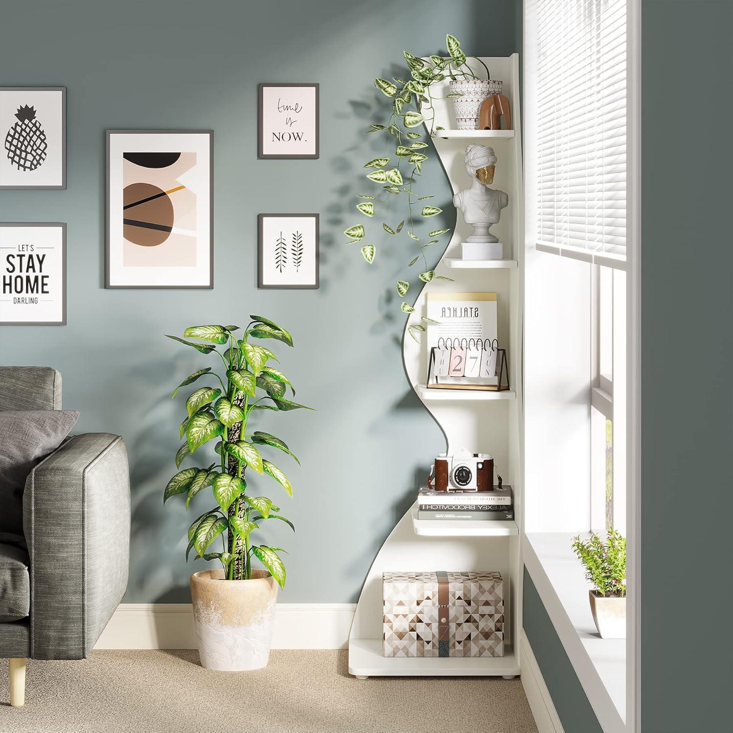 White 5-Tier Modern Corner Bookcase with Adjustable Shelves