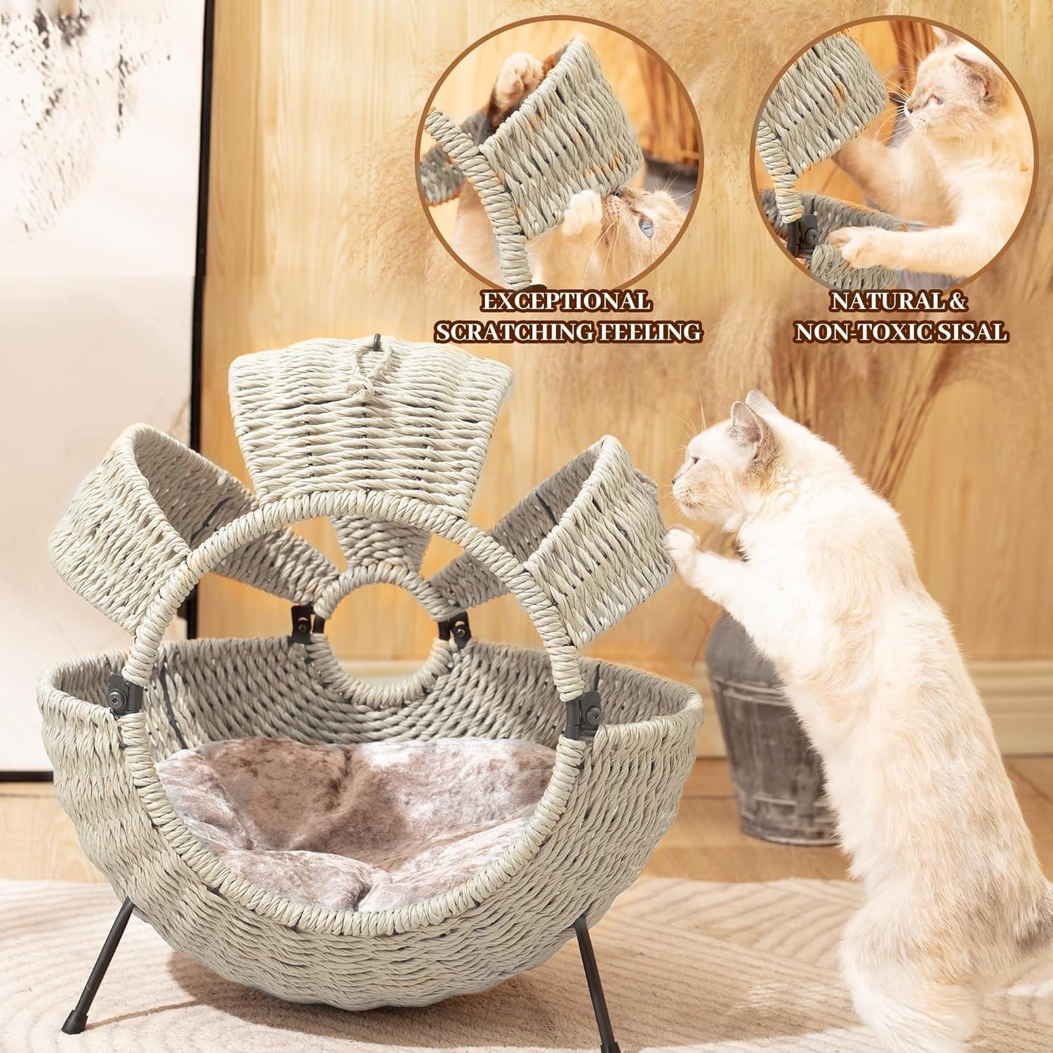 Rattan cat house with cushion,20.5",White Gray