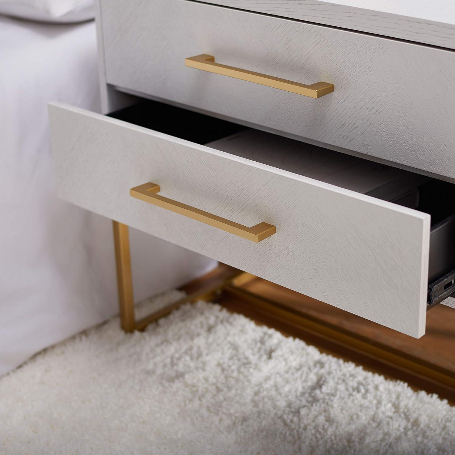 Estelle 36" White Contemporary 2-Drawer Nightstand with Brass Accents