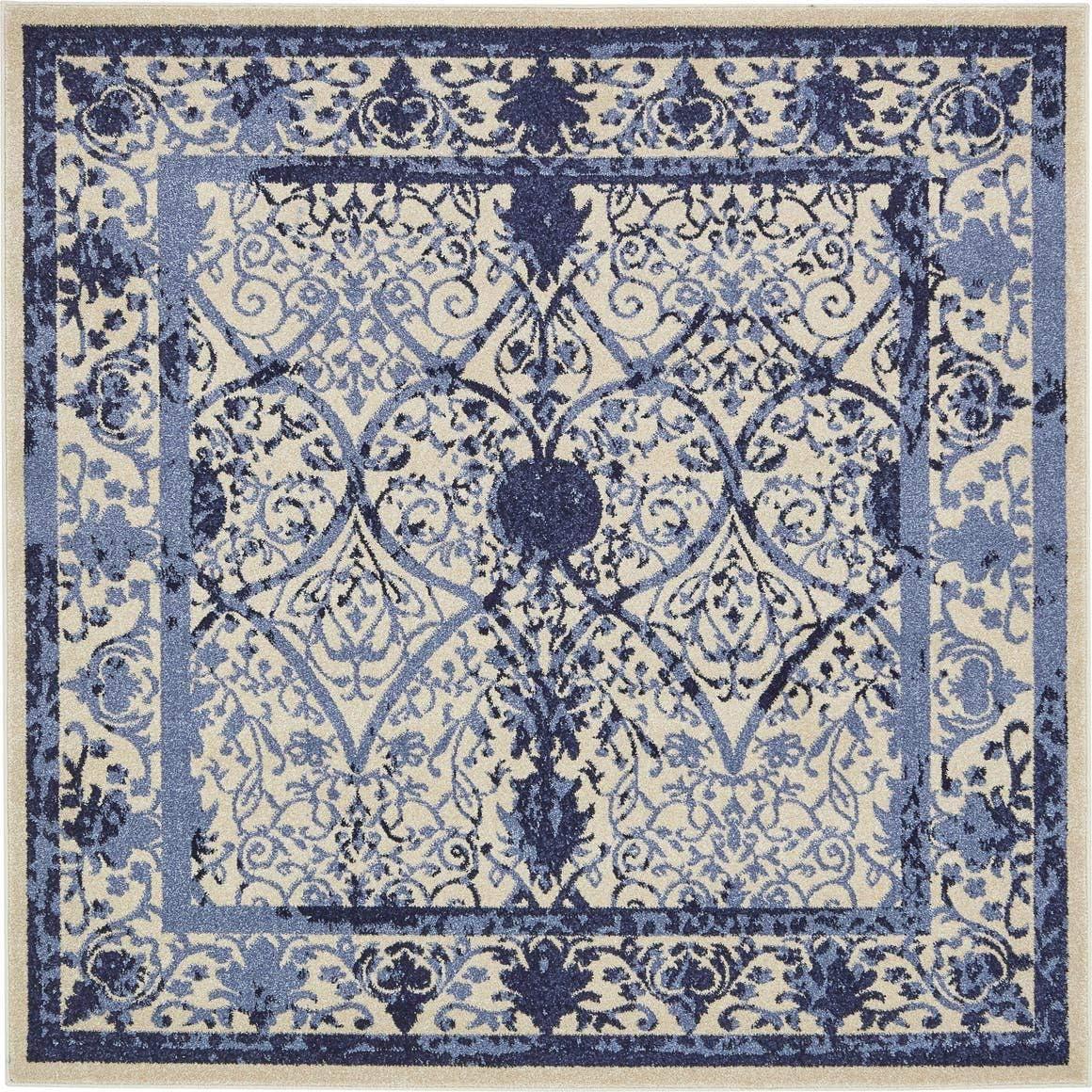 Unique Loom La Jolla Collection Area Rug - Traditional (6' Square Ivory and Blue/Blue)