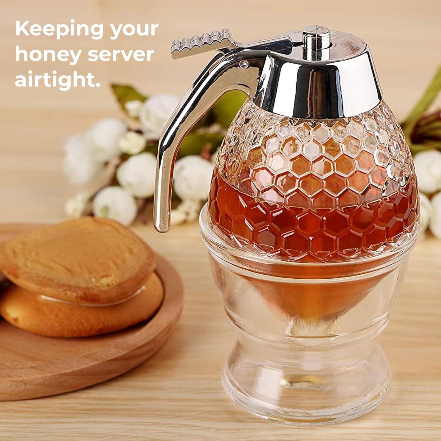 hunnibi Glass Honey Dispenser with Stand and Stainless Steel, Clear