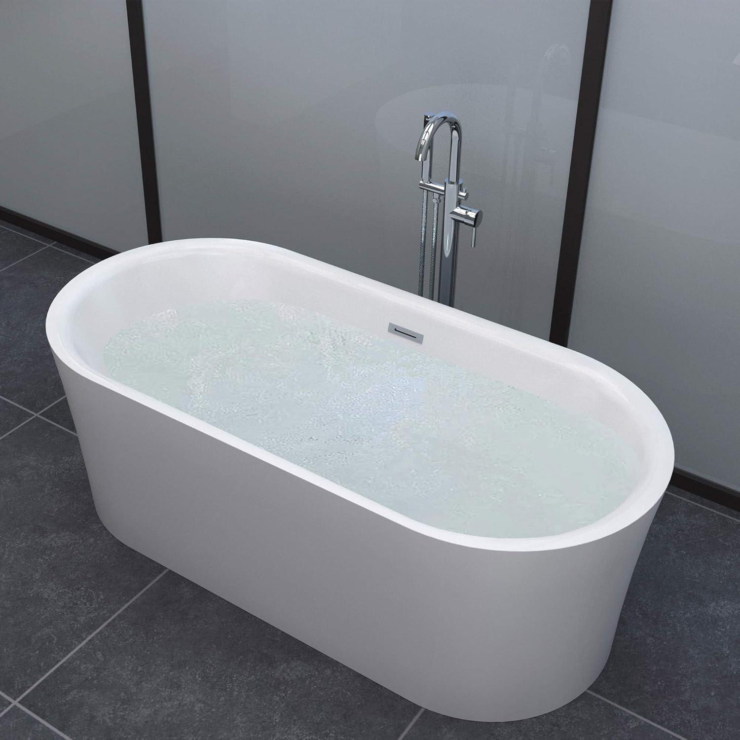 59'' White Acrylic Freestanding Soaking Bathtub with Brushed Nickel Overflow